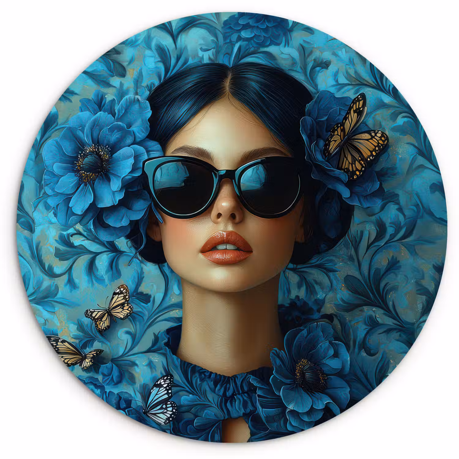 Vrouw - Bloemen - Vlinders - Blauw - Abstract Wandcirkel plexiglas klein -3d