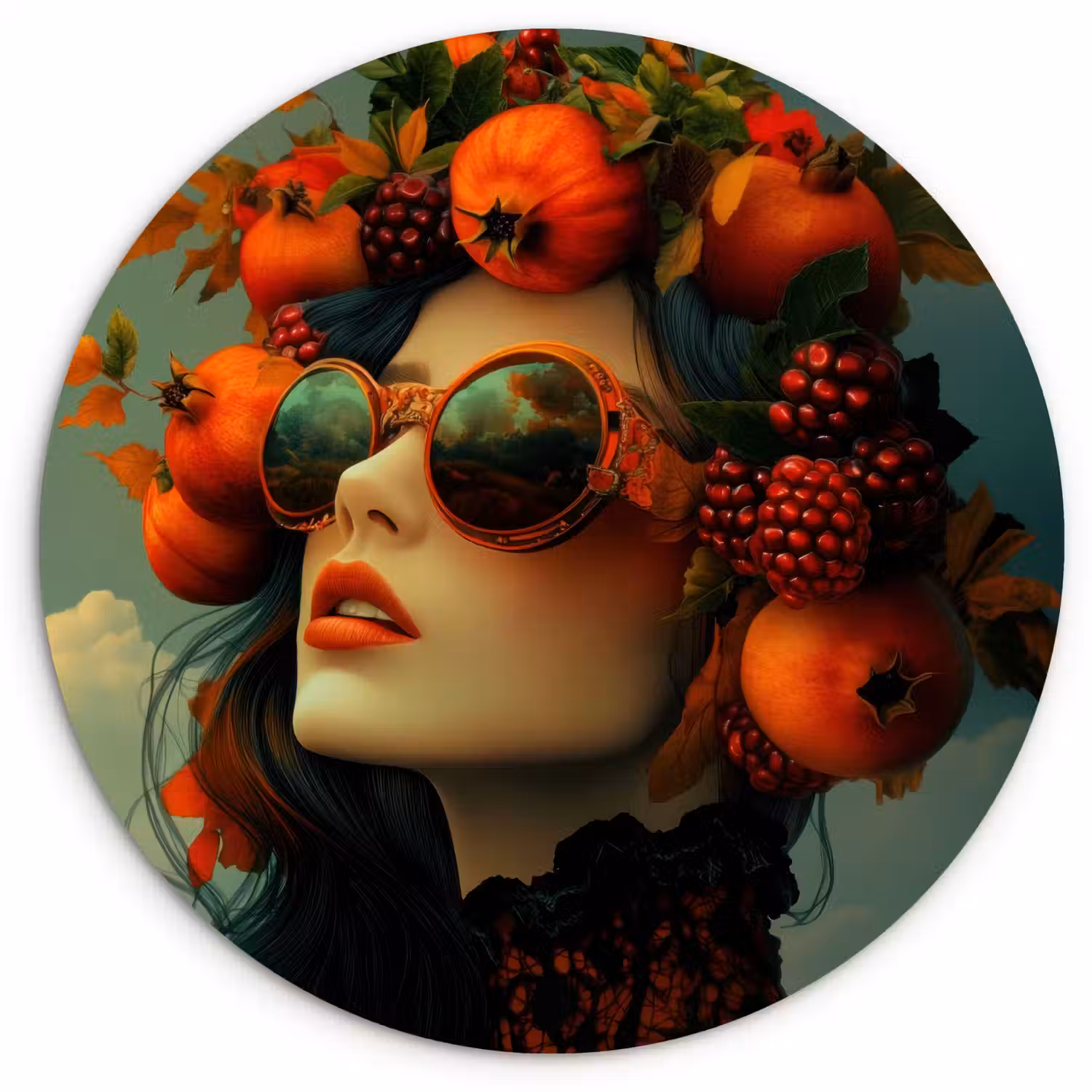 Vrouw - Granaatappel - Herfst - Zonnebril Wandcirkel plexiglas klein -3d