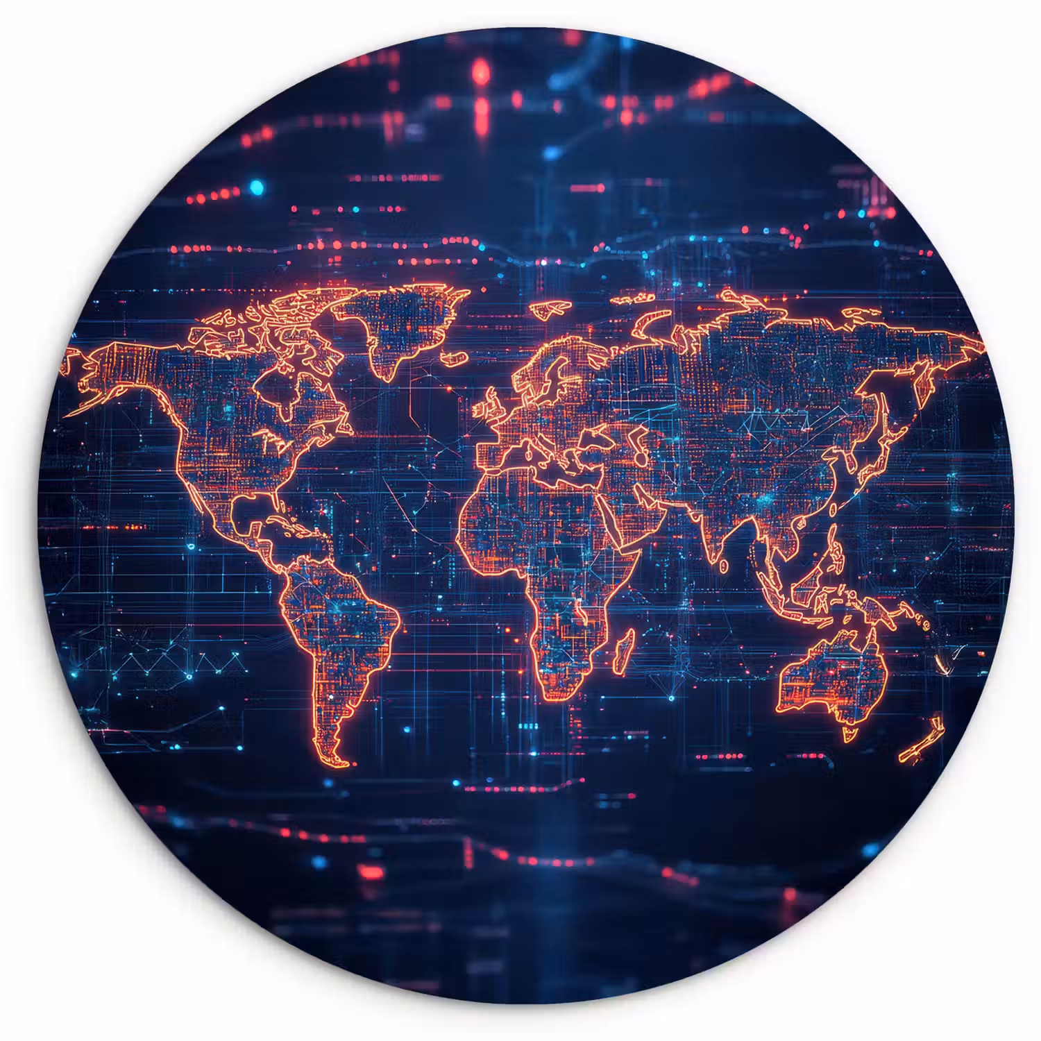 Wereldkaart - Futuristisch - Oranje Wandcirkel plexiglas klein -3d