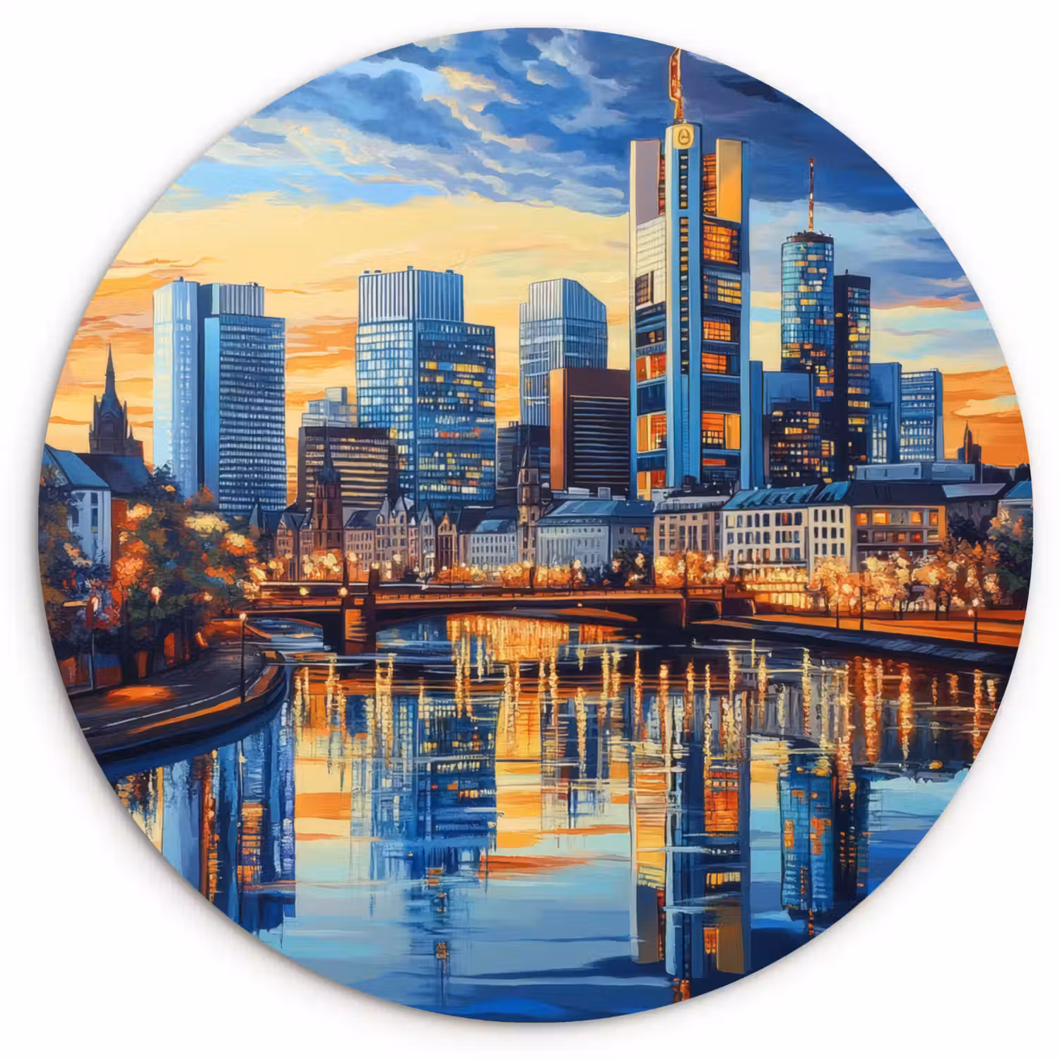 Zonsondergang Frankfurt - Stad - Skyline - Water Wandcirkel plexiglas klein -3d