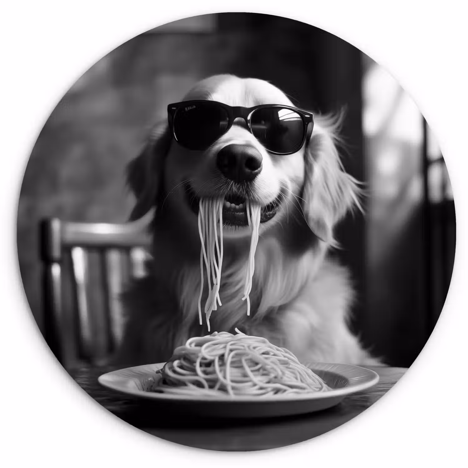 Golden Retriever - Hond - Vrolijk - Bord spaghetti - Zwart - wit Wandcirkel kunststof plaat 5mm dik klein -3d