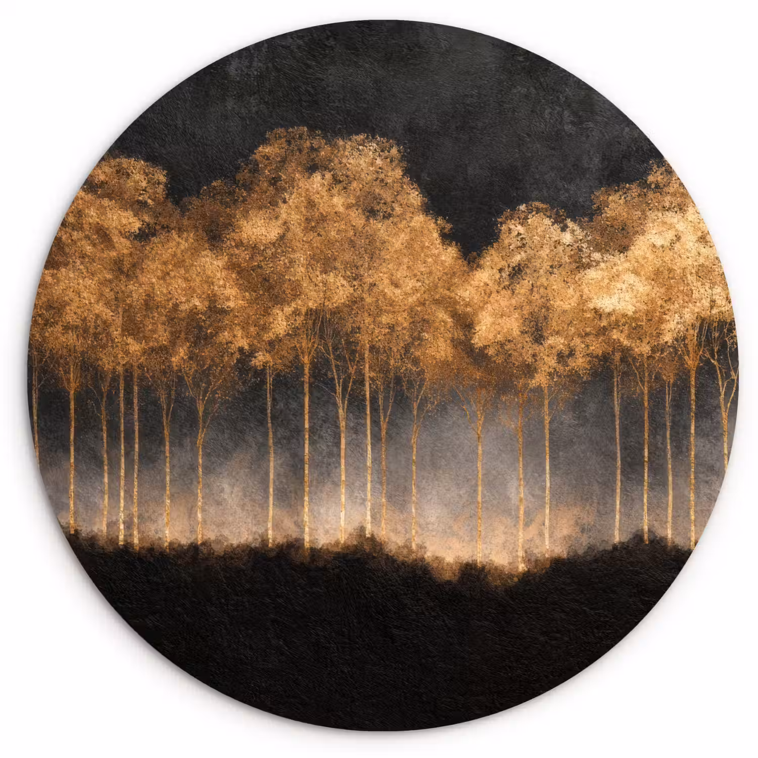 Gouden Bomen in Mistig Landschap Wandcirkel kunststof plaat 5mm dik klein -3d