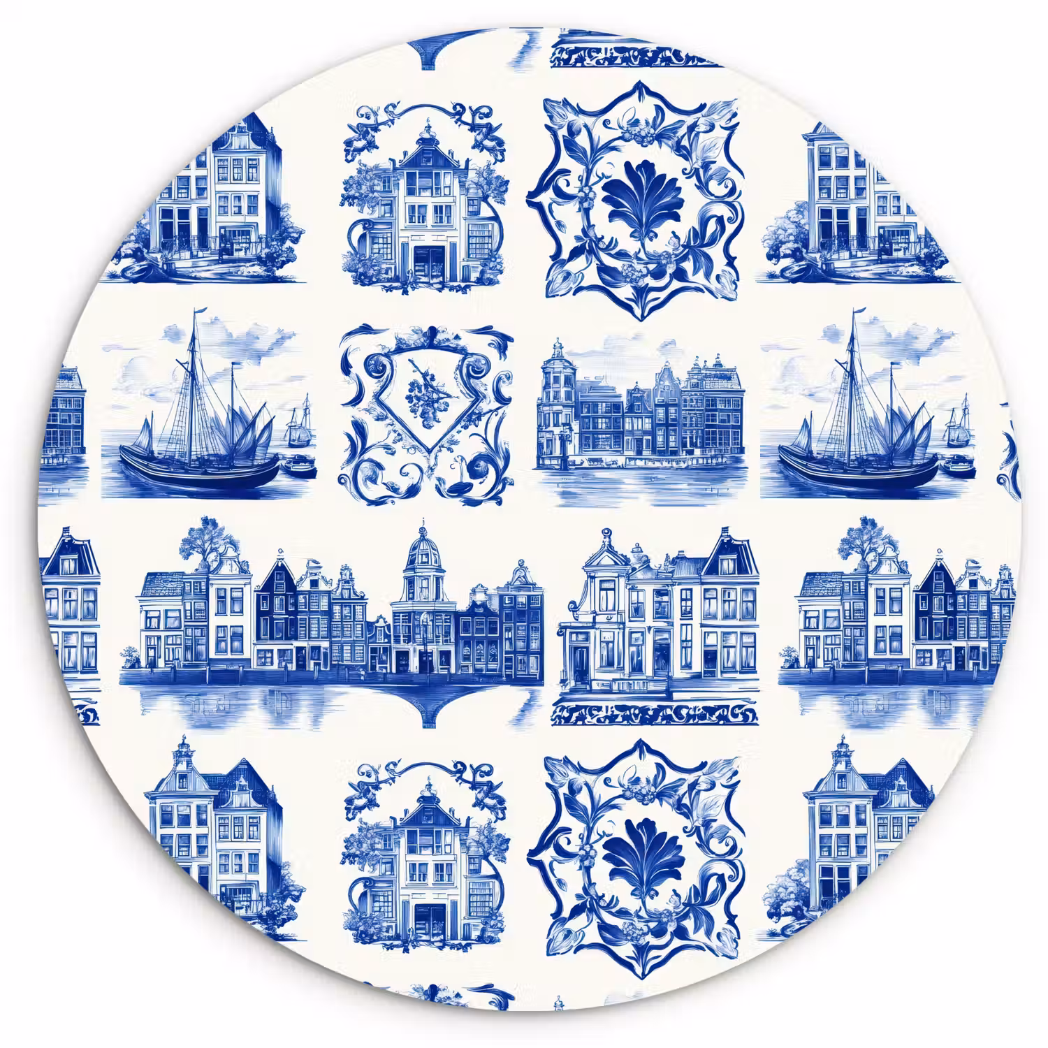 Huizen - Schepen - Blauw Wandcirkel kunststof plaat 5mm dik klein 188 -3d