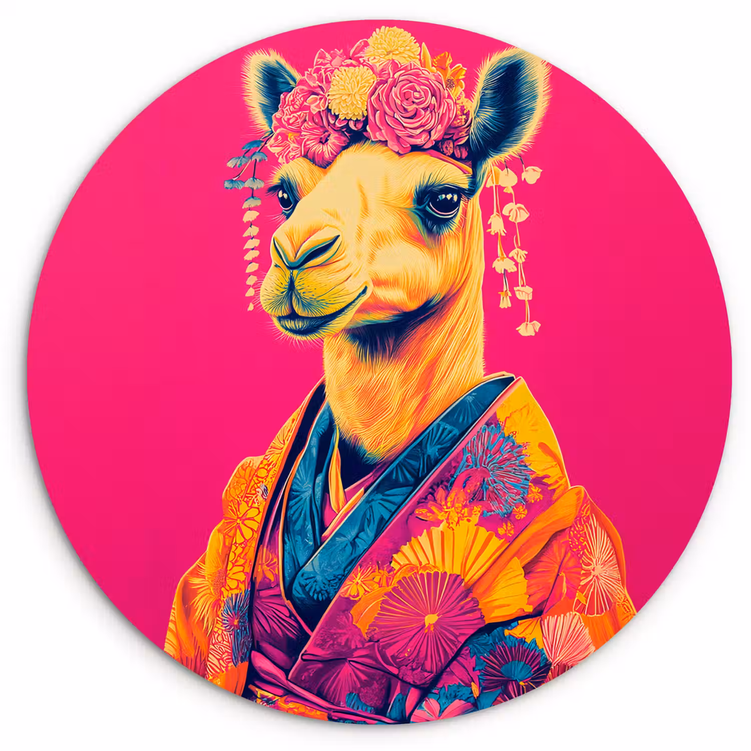 Kameel - Bloemen - Kimono - Waaiers Wandcirkel kunststof plaat 5mm dik klein -3d