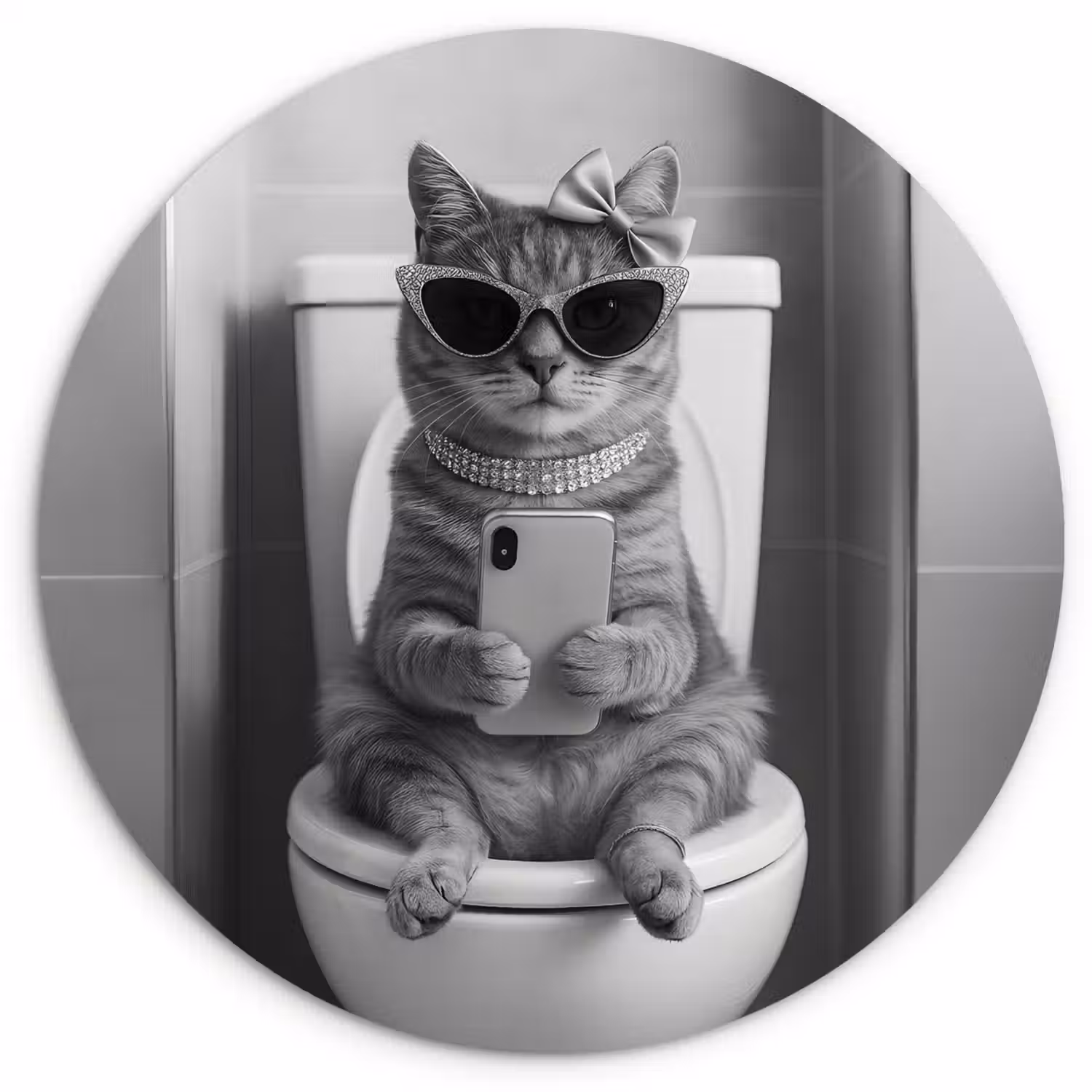 Kat - Telefoon - Toilet - Zwart - Wit Wandcirkel kunststof plaat 5mm dik klein -3d