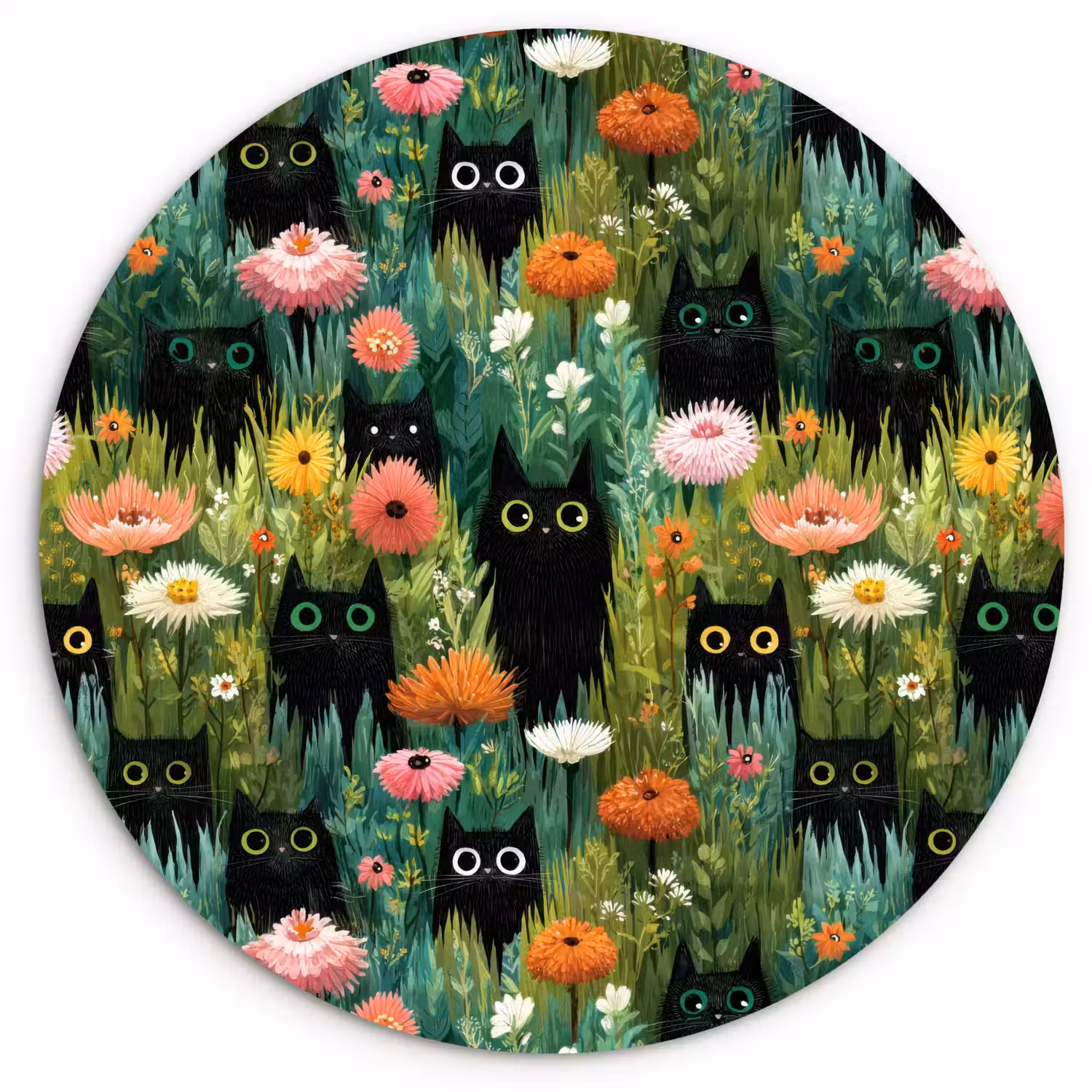 Katten - Bloemen - Kleurrijk Wandcirkel kunststof plaat 5mm dik klein 188 -3d