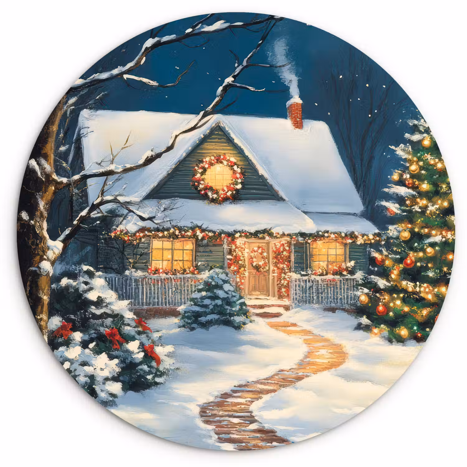Kerst - Kerstboom - Winter - Huis - Sneeuw Wandcirkel kunststof plaat 5mm dik klein -3d