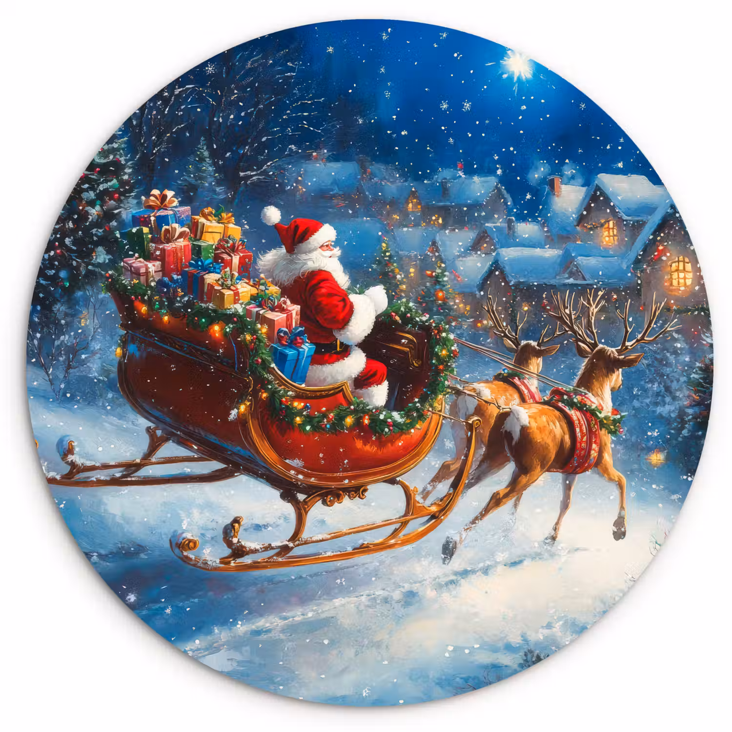 Kerstman - Rendier - Kerst - Sneeuw Wandcirkel kunststof plaat 5mm dik klein -3d