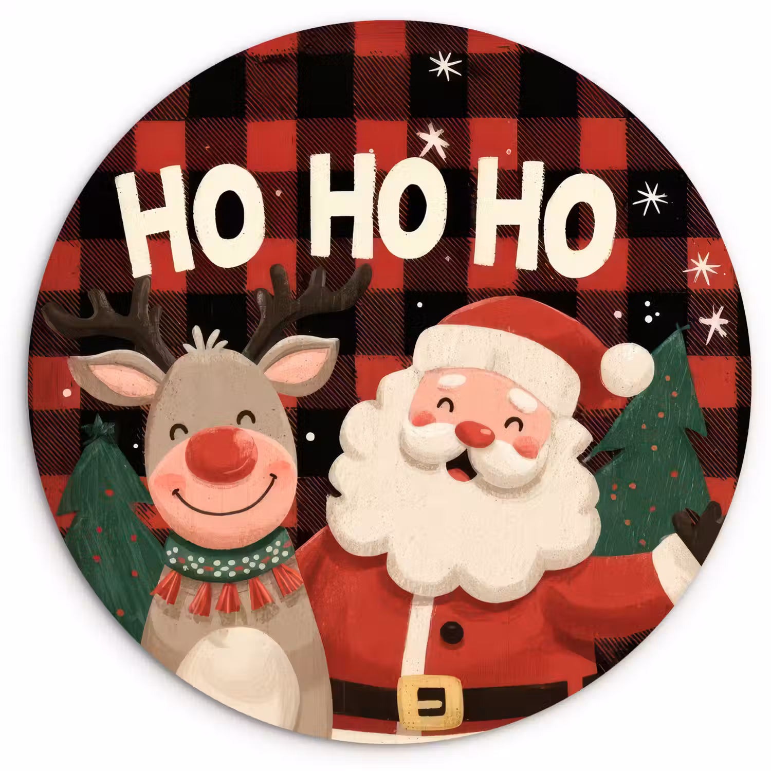 Kerstman - Rendier - Tekst - Rood - Zwart Wandcirkel kunststof plaat 5mm dik klein -3d