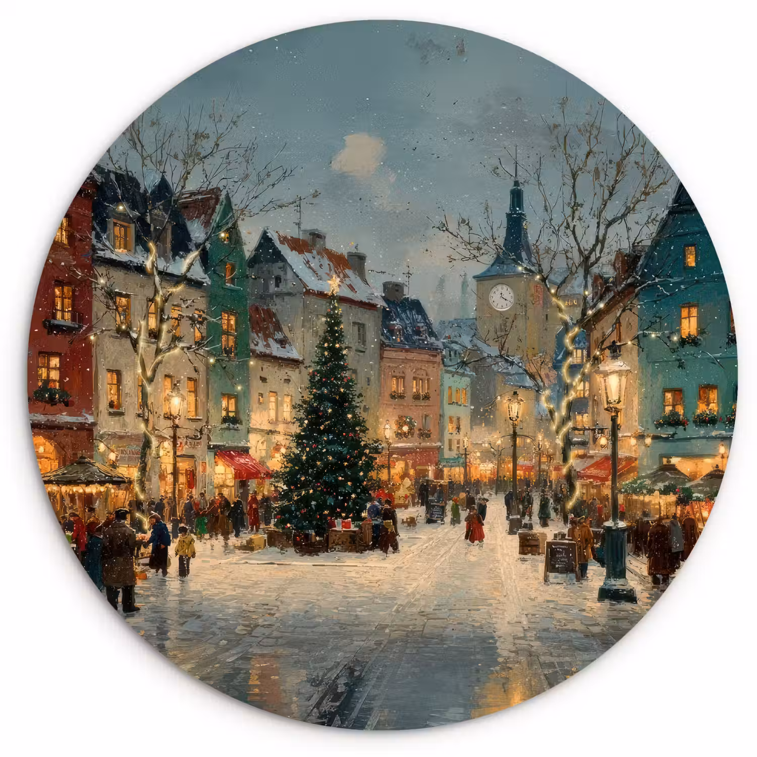 Kerstsfeer - Stadsplein - Kleurrijk Wandcirkel kunststof plaat 5mm dik klein -3d