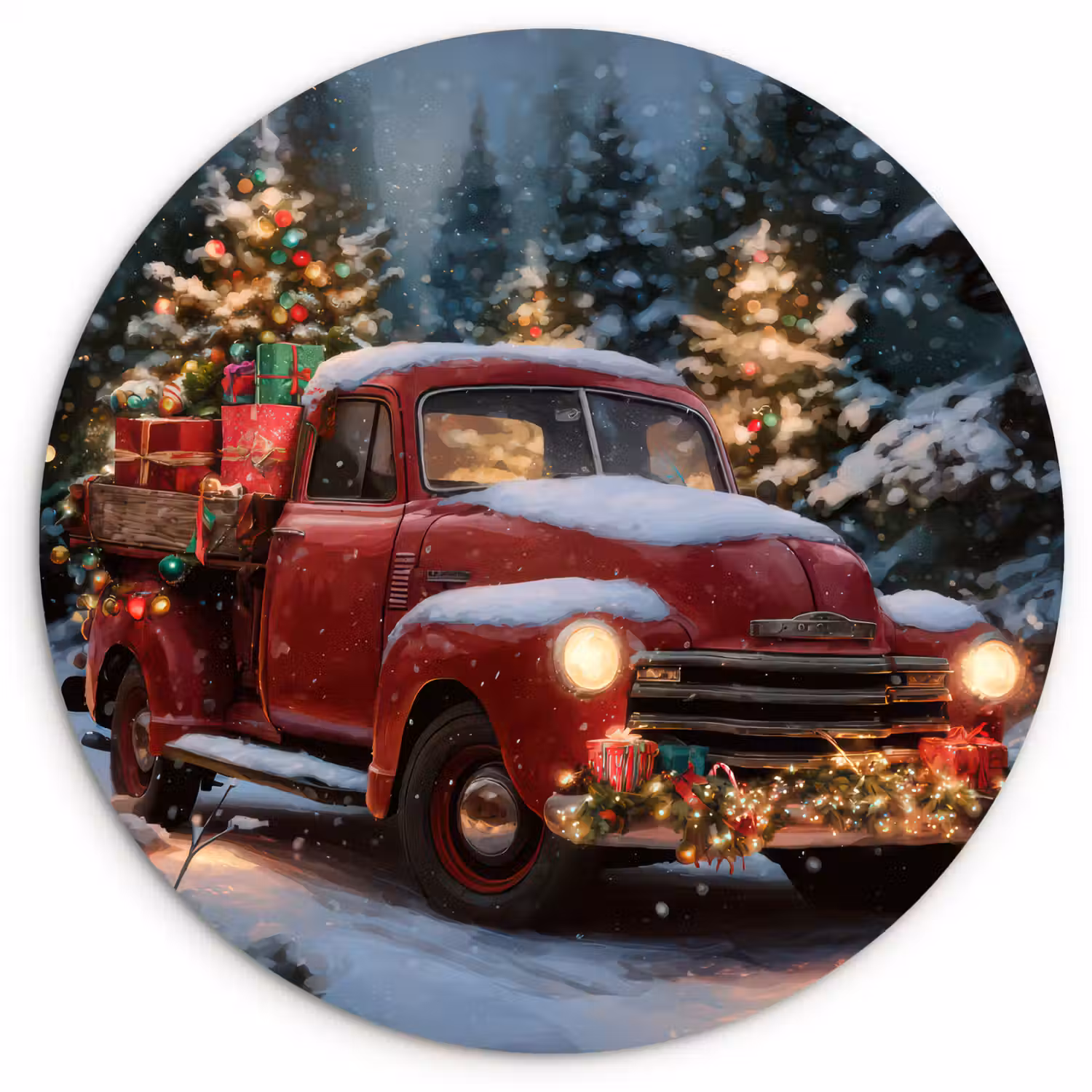 Kersttruck - Sneeuwbos - Rood Wandcirkel kunststof plaat 5mm dik klein -3d