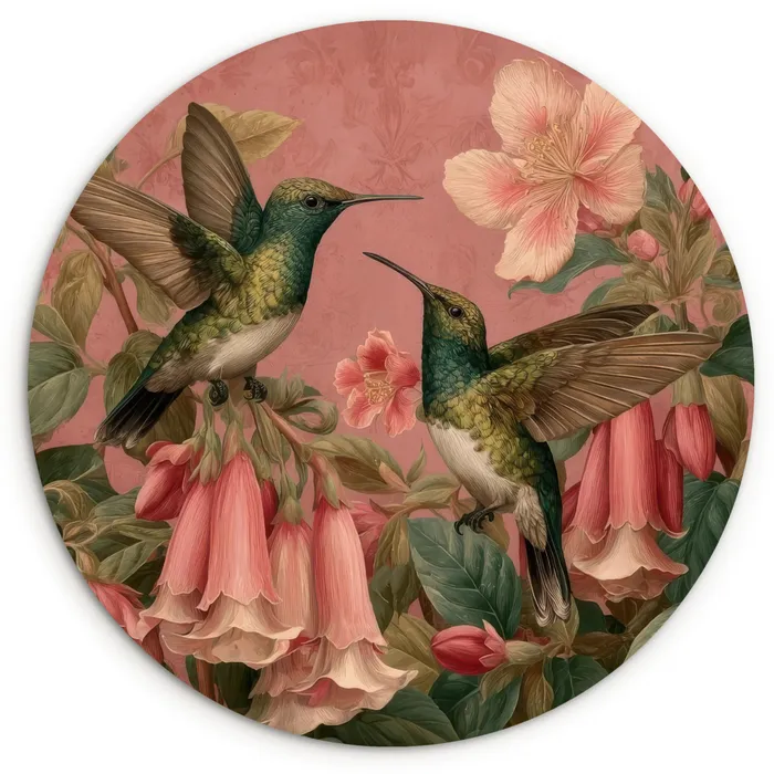 Kolibries - Bloemen - Groen - Roze Wandcirkel kunststof plaat 5mm dik klein -3d