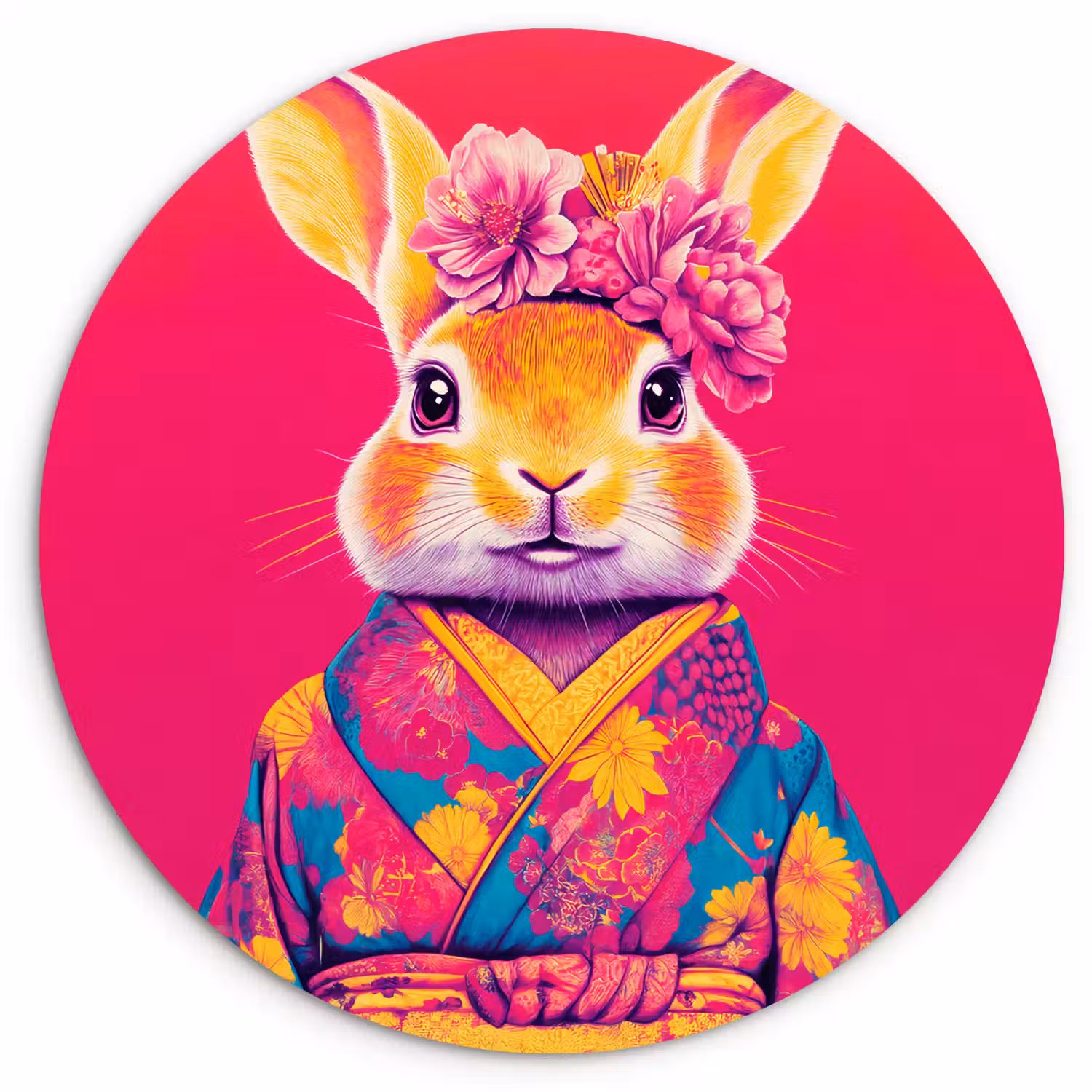 Konijn - Bloemen - Kleurrijk - Kimono Wandcirkel kunststof plaat 5mm dik klein -3d