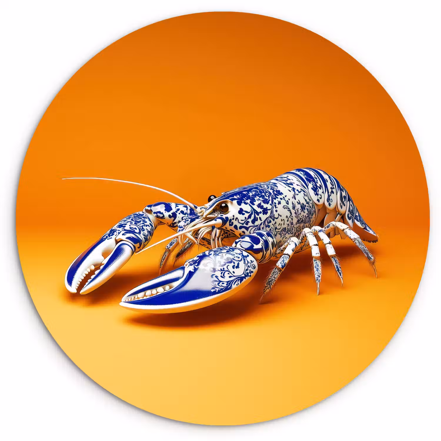 Kreeft - Delftsblauw - Schild - Stoer - Oranje Wandcirkel kunststof plaat 5mm dik klein -3d