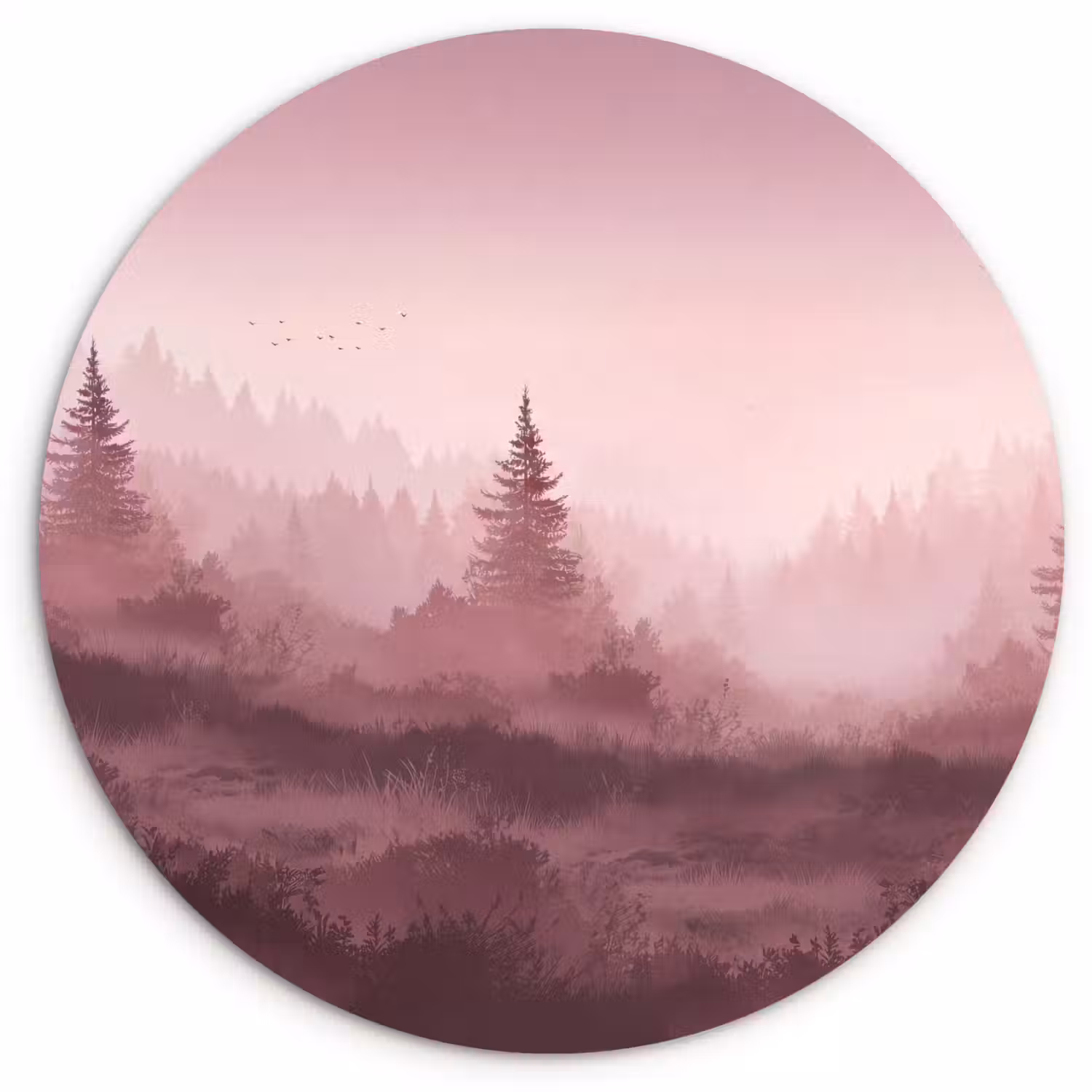 Landschap - Mistig - Roze Wandcirkel kunststof plaat 5mm dik klein -3d