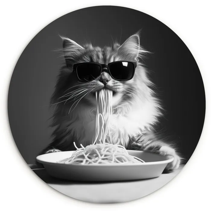 Langharige kat - Zonnebril - Spaghetti - Humor - Zwart - wit Wandcirkel kunststof plaat 5mm dik klein -3d