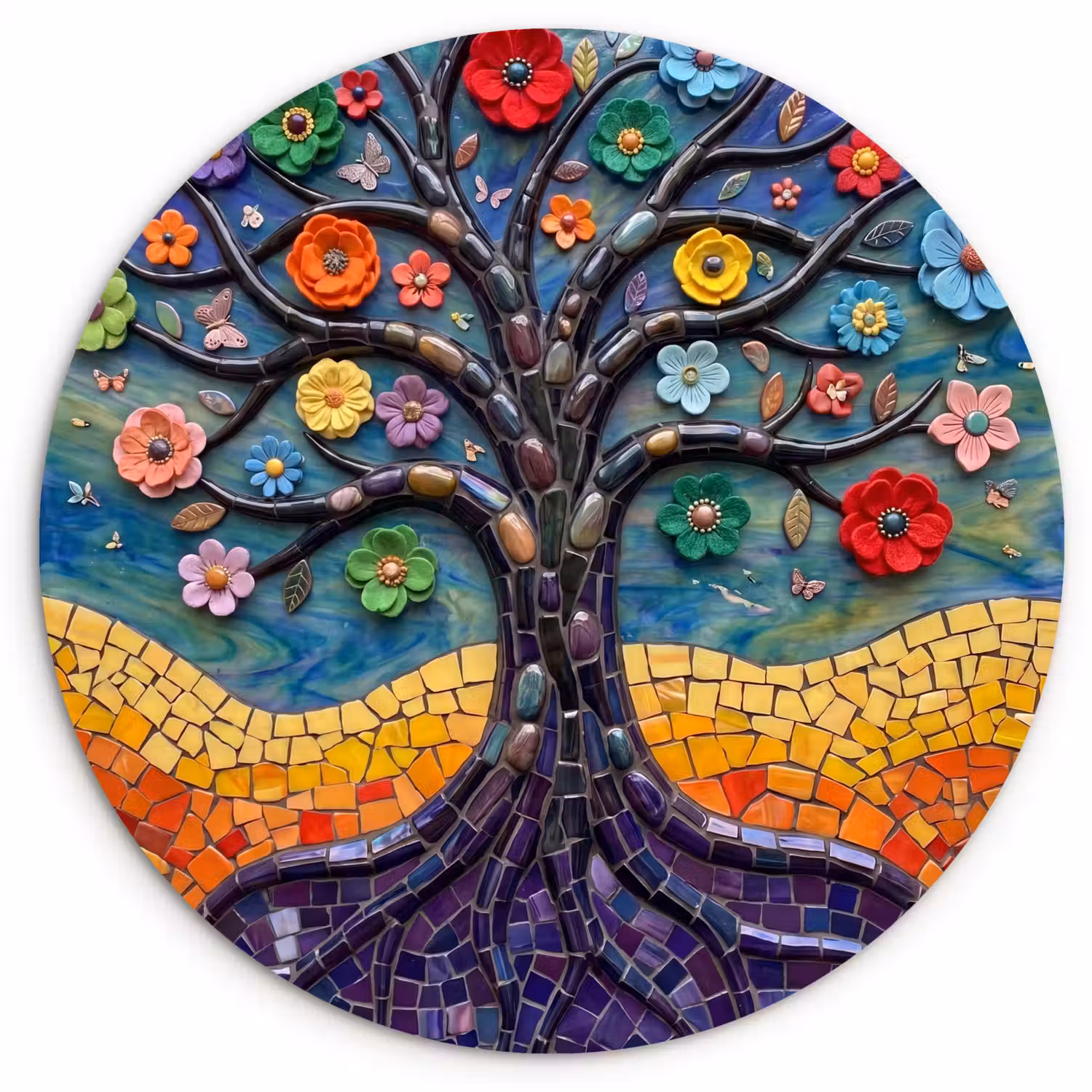 Levensboom - Mozaïek - Bloemen - Kleurrijk - Vrolijk Wandcirkel kunststof plaat 5mm dik klein -3d
