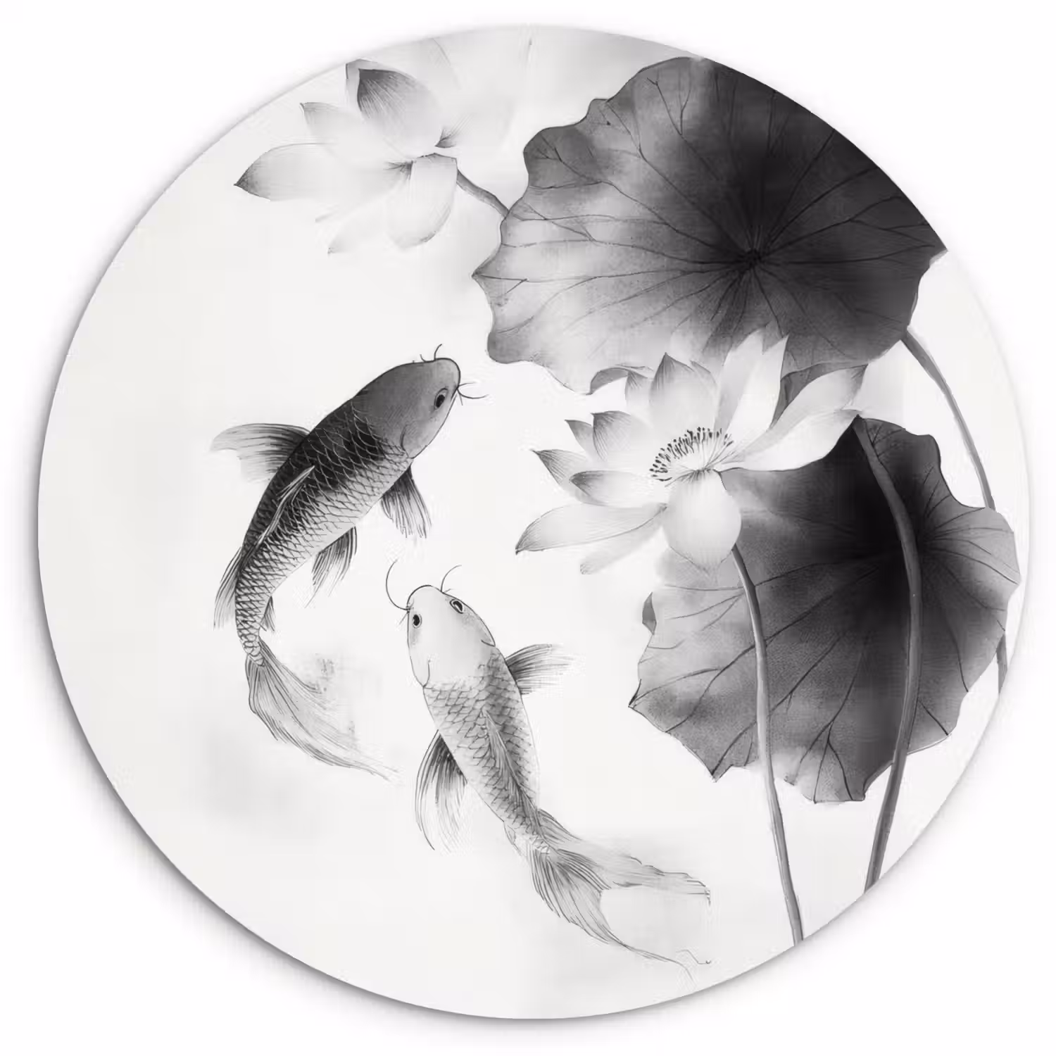 Lotusbloemen - Vissen - Bladeren - Zwart Wandcirkel kunststof plaat 5mm dik klein -3d