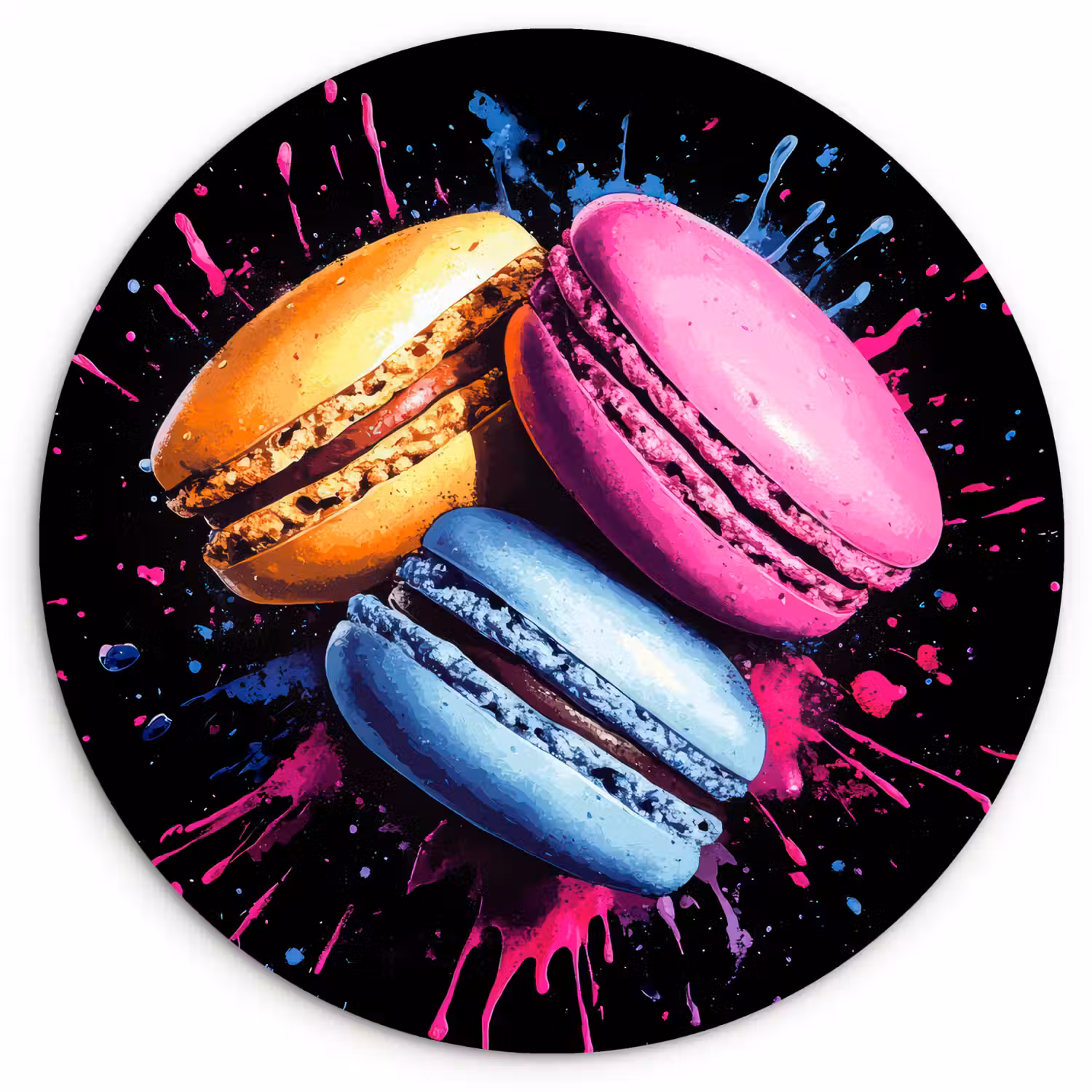 Macarons - Dessert - Graffiti - Kleurrijk - Roze - Blauw - Geel Wandcirkel kunststof plaat 5mm dik klein -3d