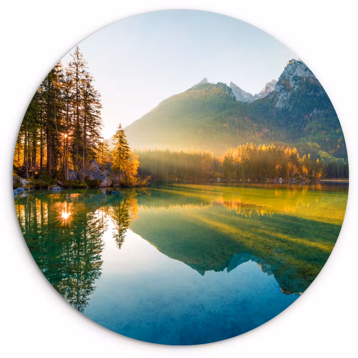 Meer - Bos - Bergen - Natuur - Zon - Landschap Wandcirkel kunststof plaat 5mm dik klein -3d