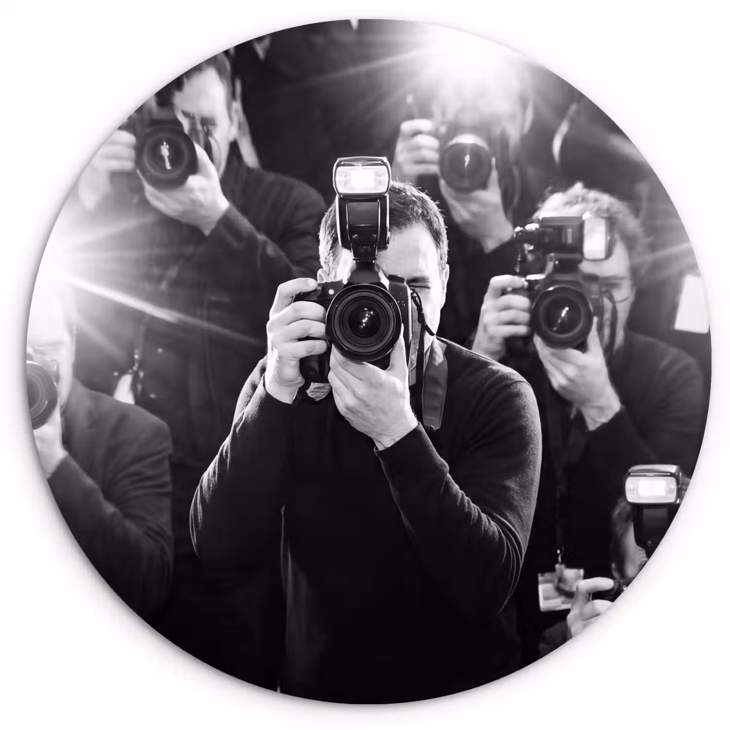 Mensen - Camera - Flitslicht - Zwart-wit - Media Wandcirkel kunststof plaat 5mm dik klein -3d