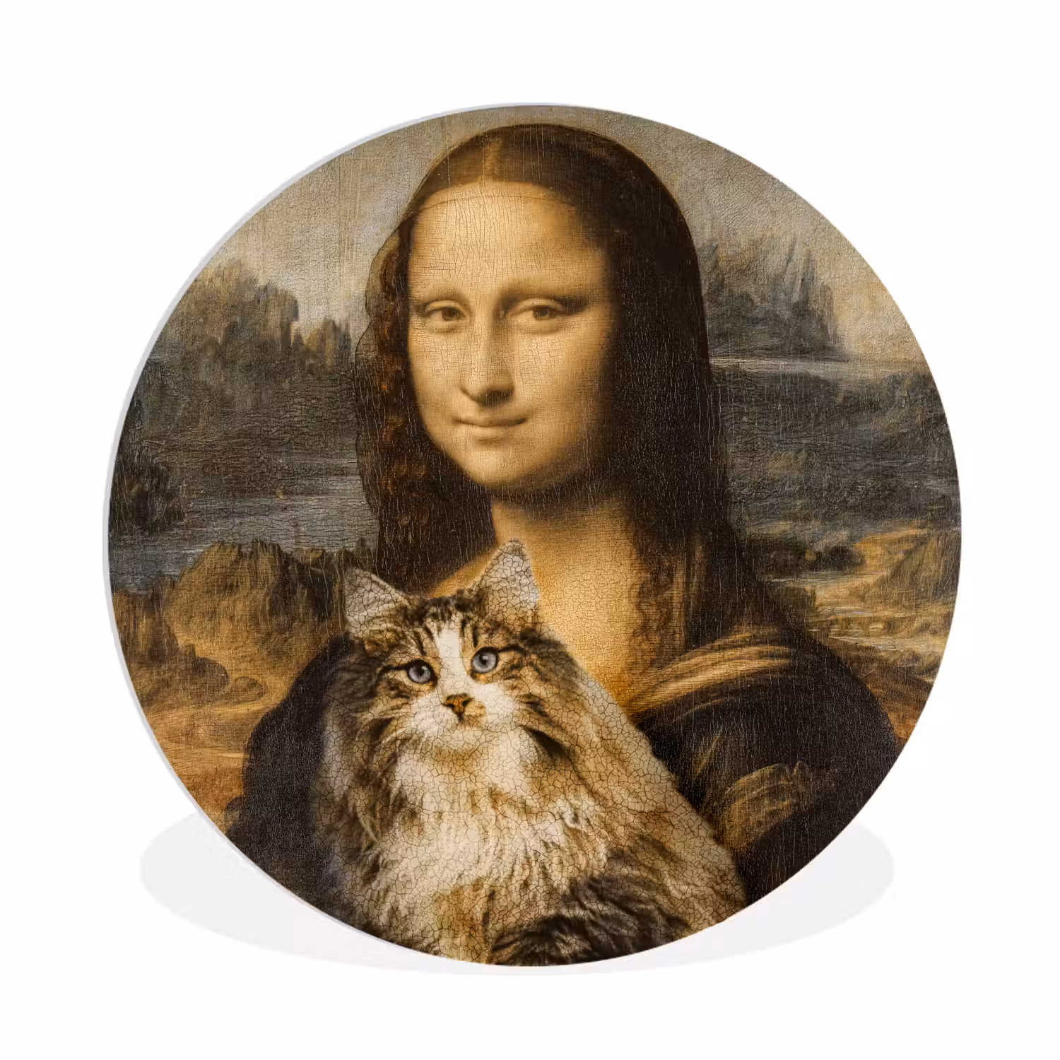 Mona Lisa - Kat - Leonardo da Vinci - Vintage - Kunstwerk - Oude meesters - Schilderij Wandcirkel kunststof plaat 5mm dik klein -3d