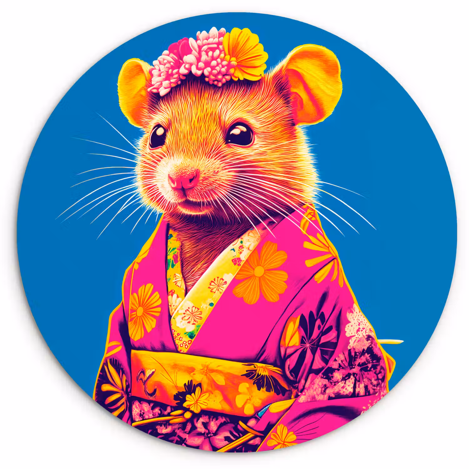 Muis - Kimono - Bloemen - Blauw Wandcirkel kunststof plaat 5mm dik klein -3d