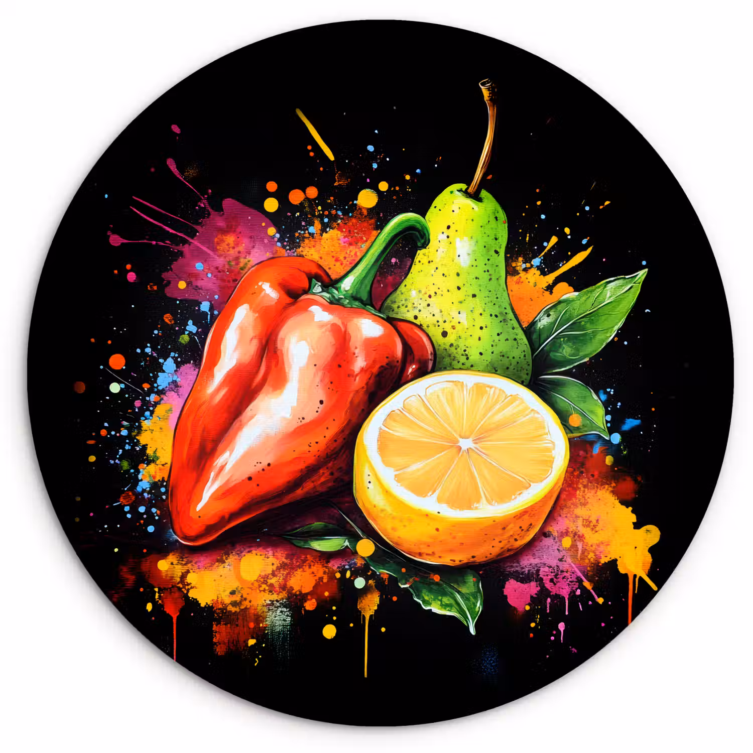 Paprika - Peer - Citroen - Graffiti - Verf - Abstract Wandcirkel kunststof plaat 5mm dik klein -3d