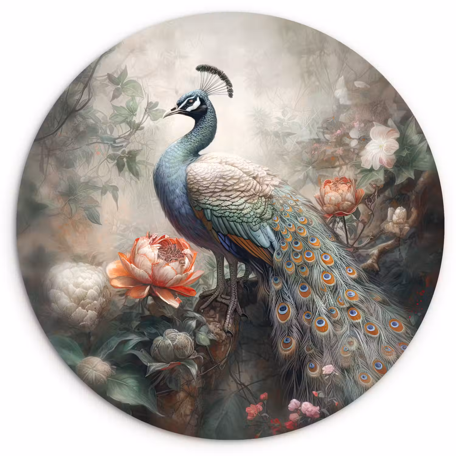 Pauw - Pauwenveren - Vogel - Jungle - Bloemen Wandcirkel kunststof plaat 5mm dik klein -3d