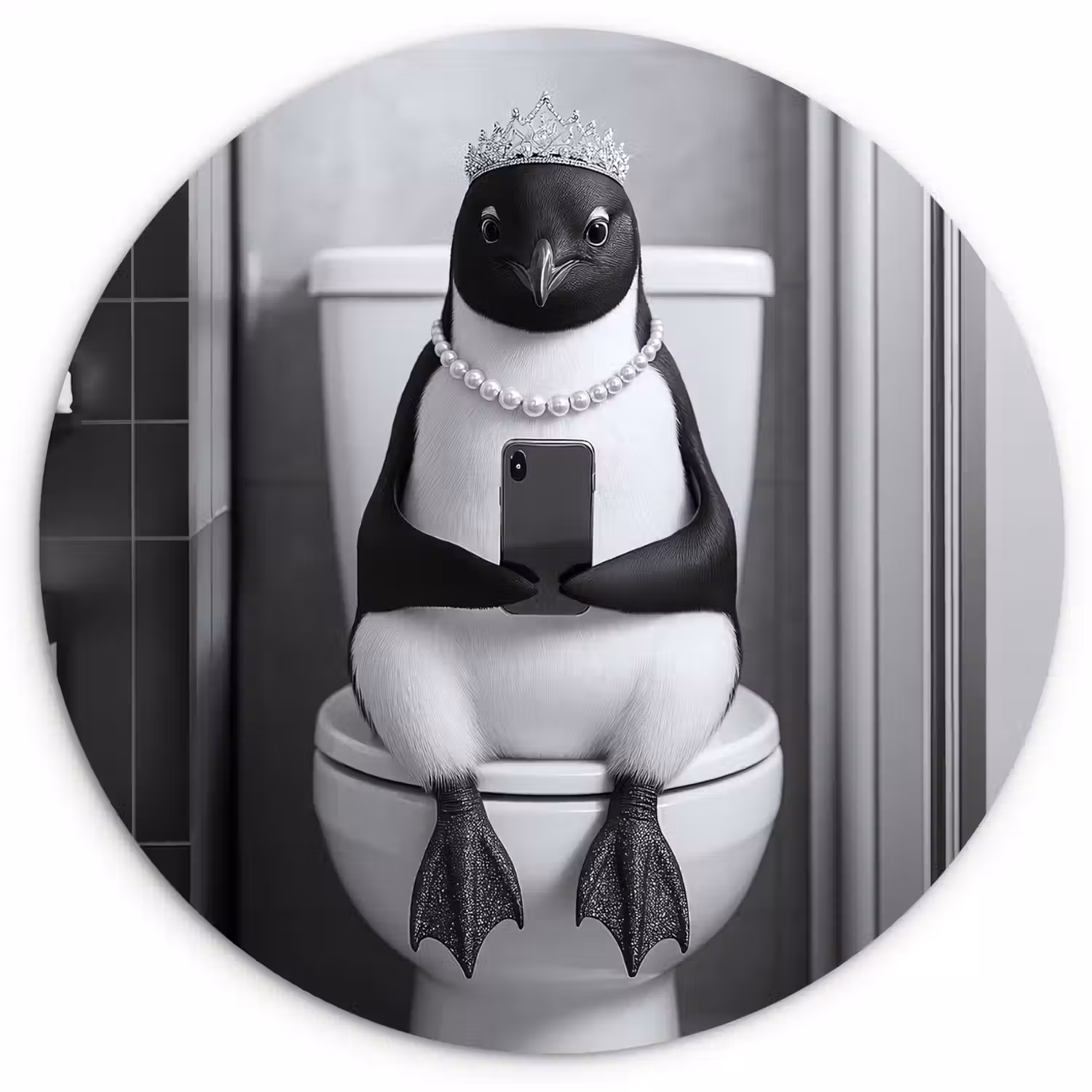 Pinguïn - Telefoon - Toilet - Zwart - Wit Wandcirkel kunststof plaat 5mm dik klein -3d