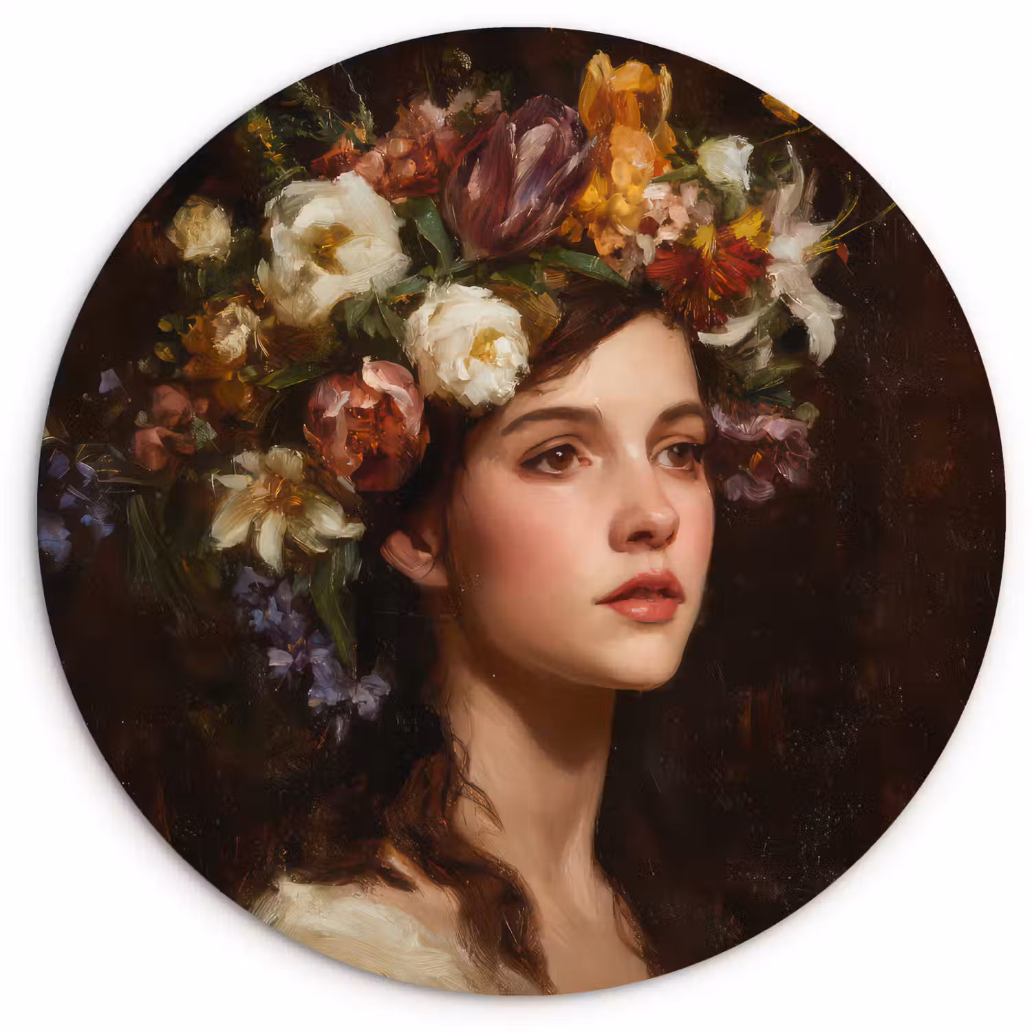 Portret - Vrouw - Bloemen Wandcirkel kunststof plaat 5mm dik klein -3d