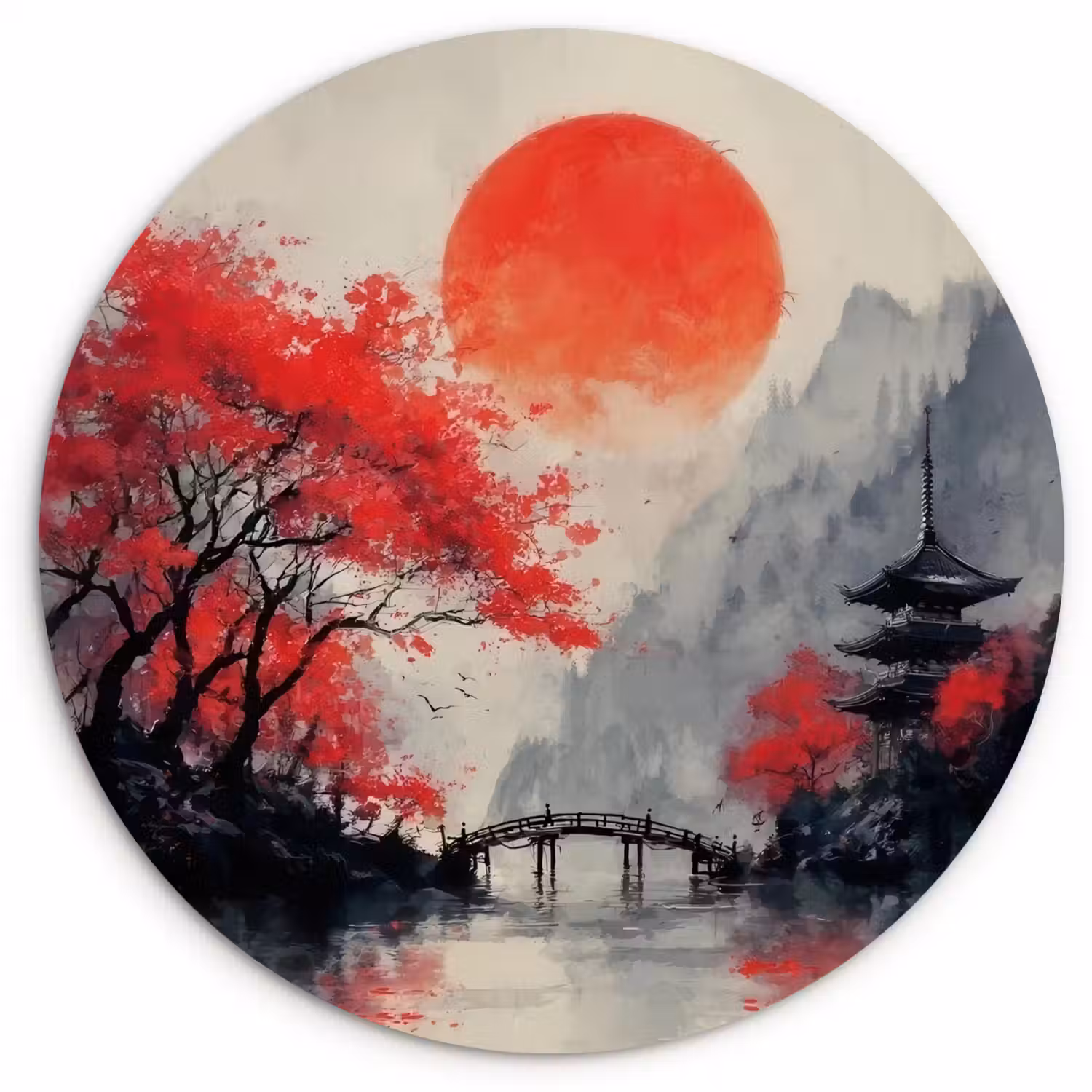 Rode zon - Rivier - brug - Bomen Wandcirkel kunststof plaat 5mm dik klein -3d