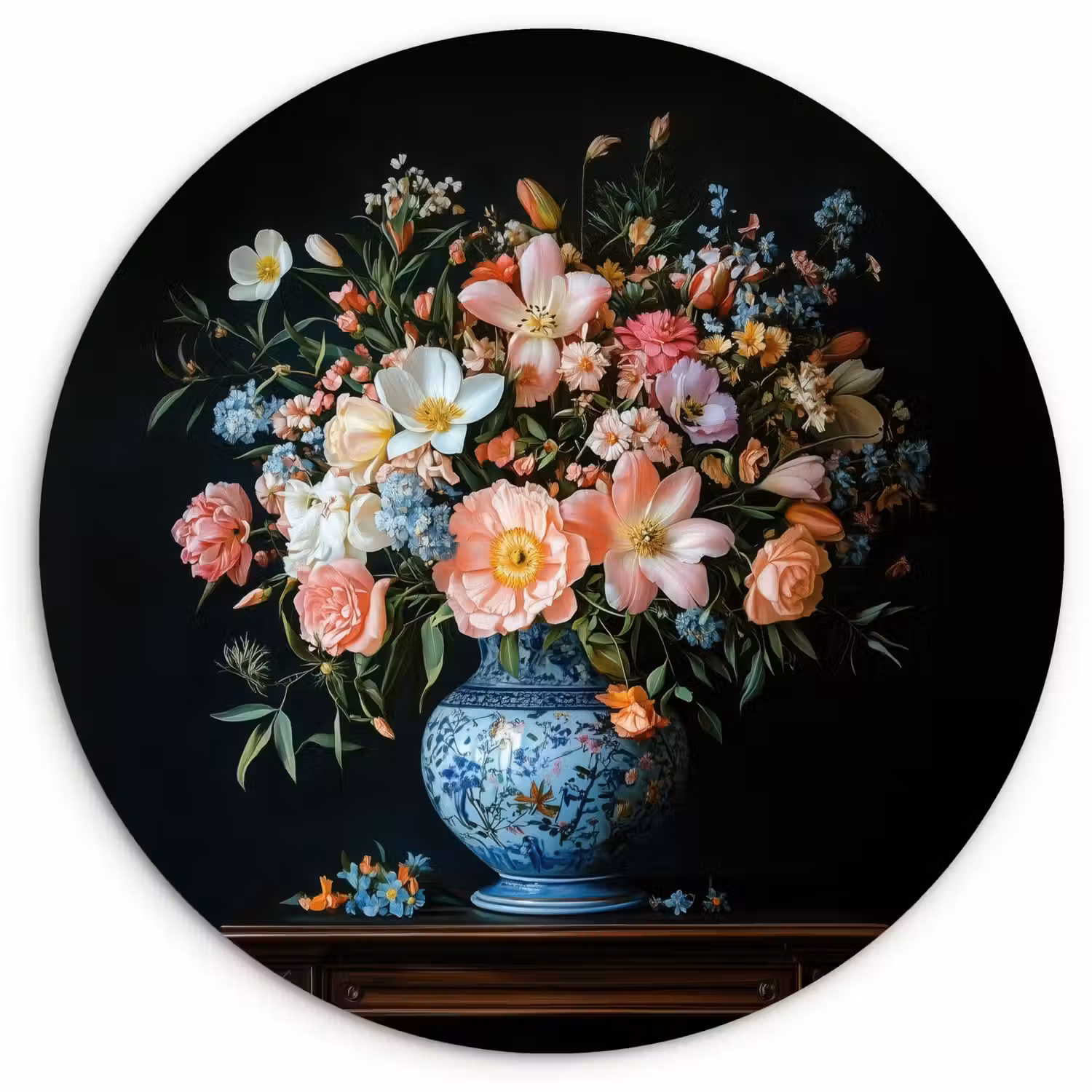 Roze - Bloemen - Vaas - Kleuren Wandcirkel kunststof plaat 5mm dik klein -3d