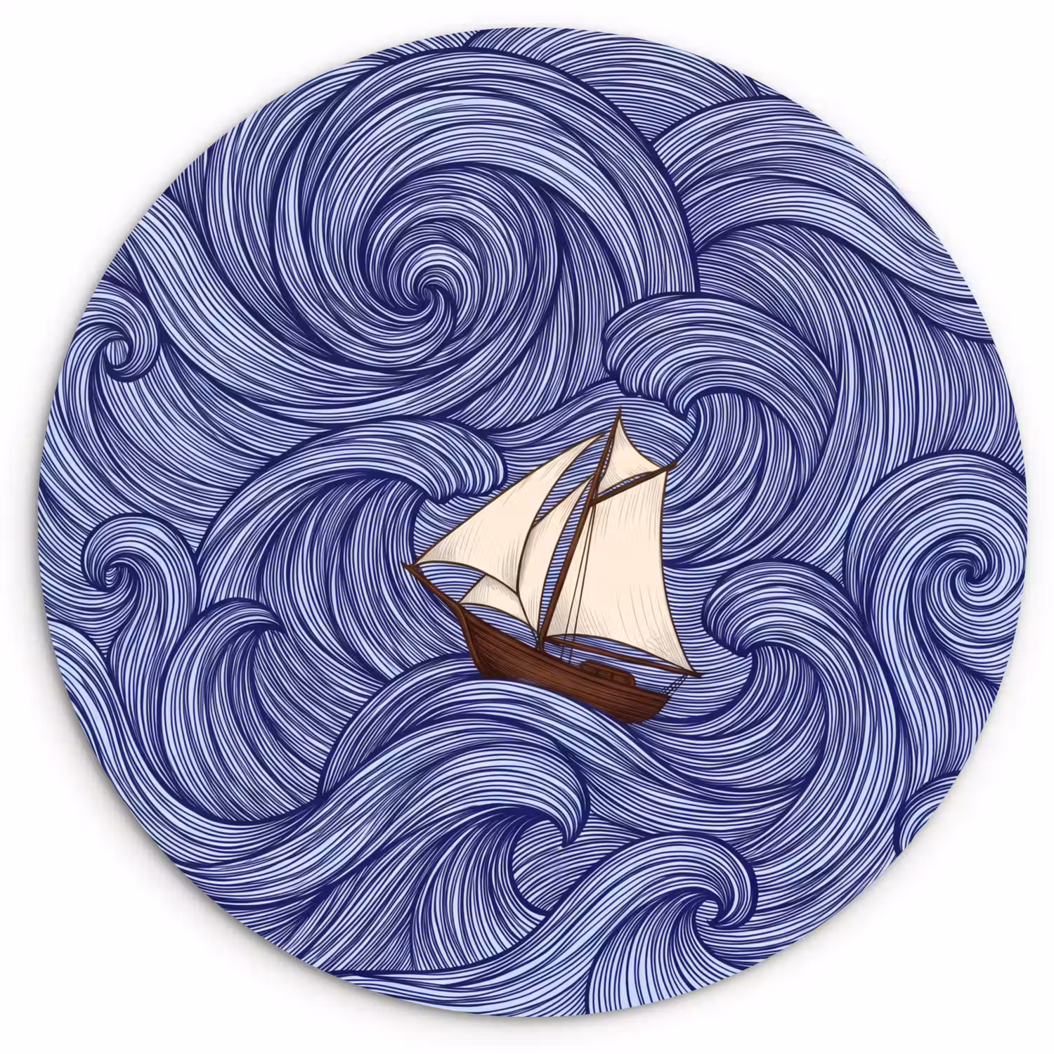 Schip - Golven - Zee - Illustratie - Blauw Wandcirkel kunststof plaat 5mm dik klein -3d