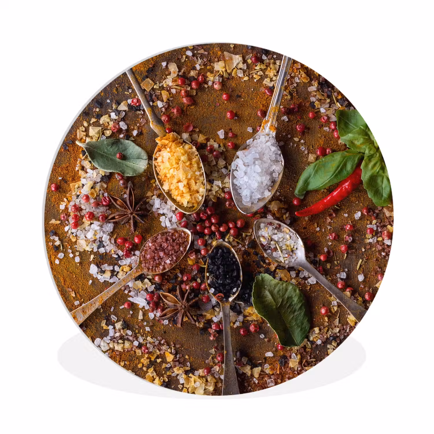 Specerijen - Kruiden - Lepels - Zout - Bruin - Keuken Wandcirkel kunststof plaat 5mm dik klein -3d