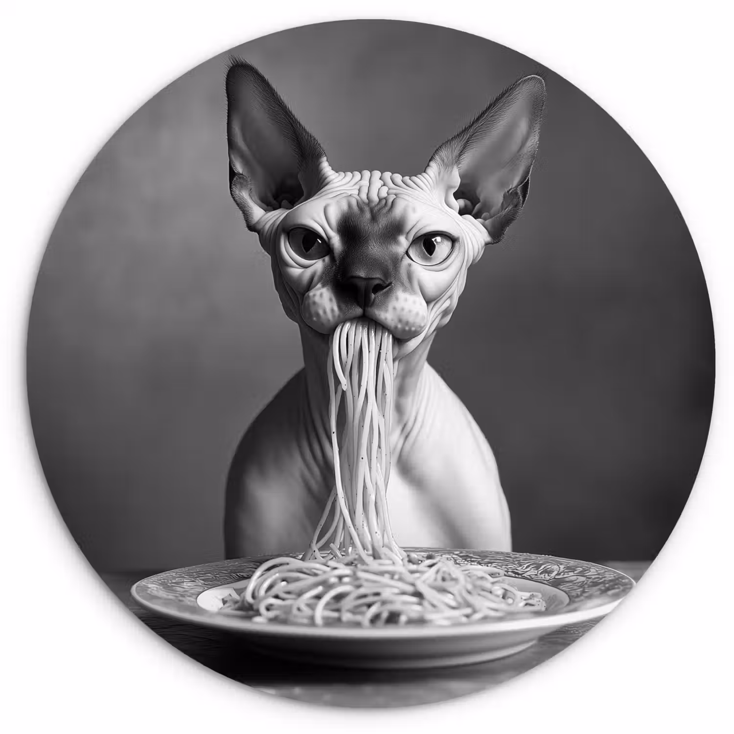 Sphynx - Kat - Dieren - Humor - Spaghetti - Zwart Wit Wandcirkel kunststof plaat 5mm dik klein -3d
