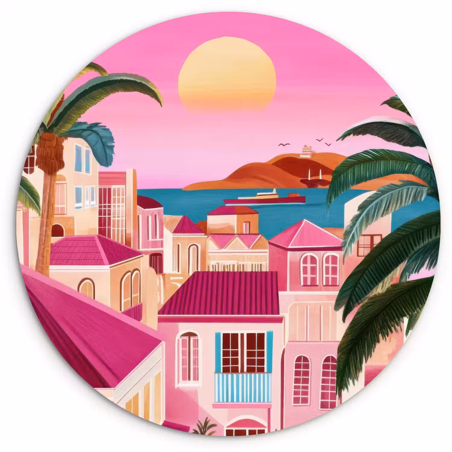 Stad - Roze - Palmbomen Wandcirkel kunststof plaat 5mm dik klein -3d