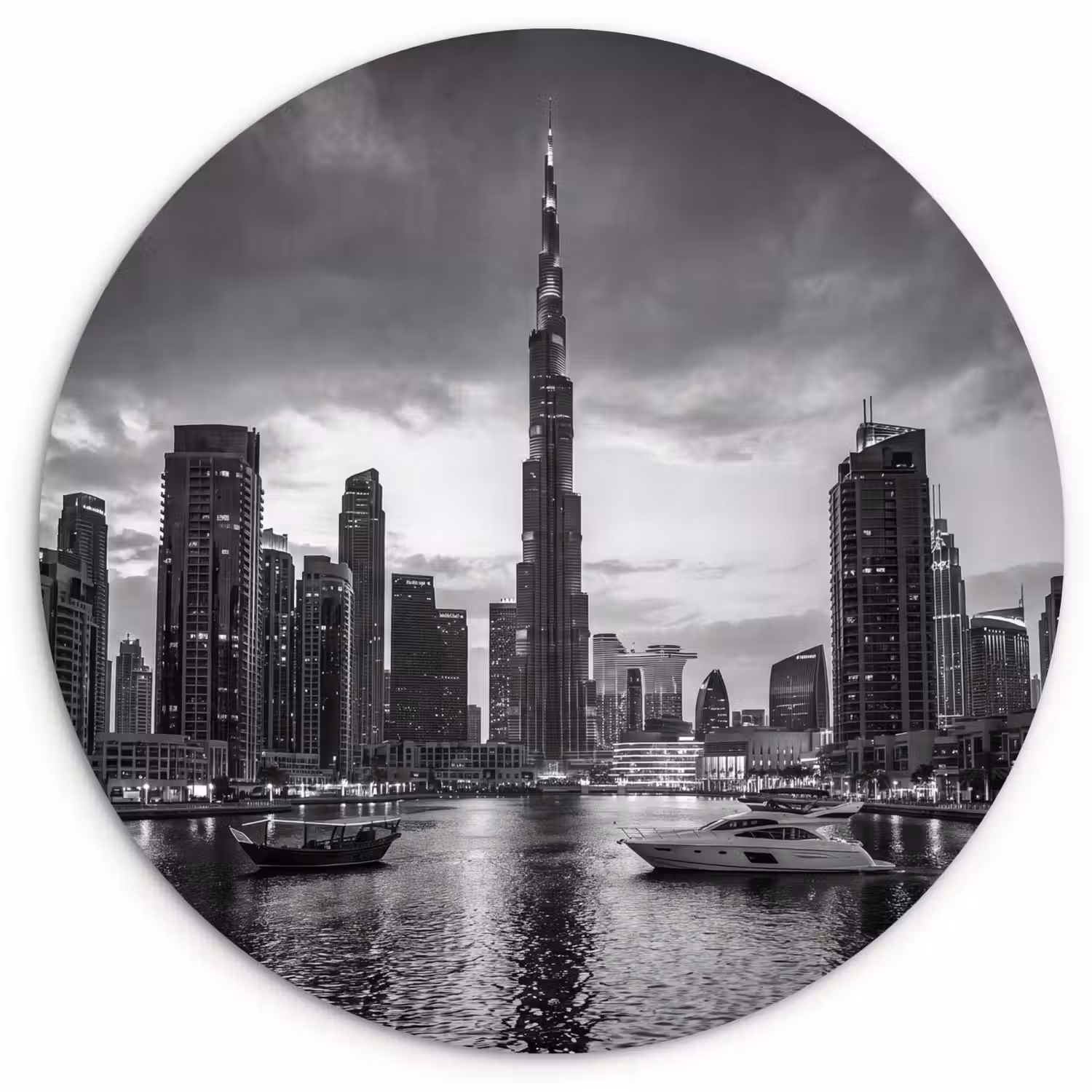 Stad - Skyline - Architectuur - Avond - Zwart-wit Wandcirkel kunststof plaat 5mm dik klein -3d