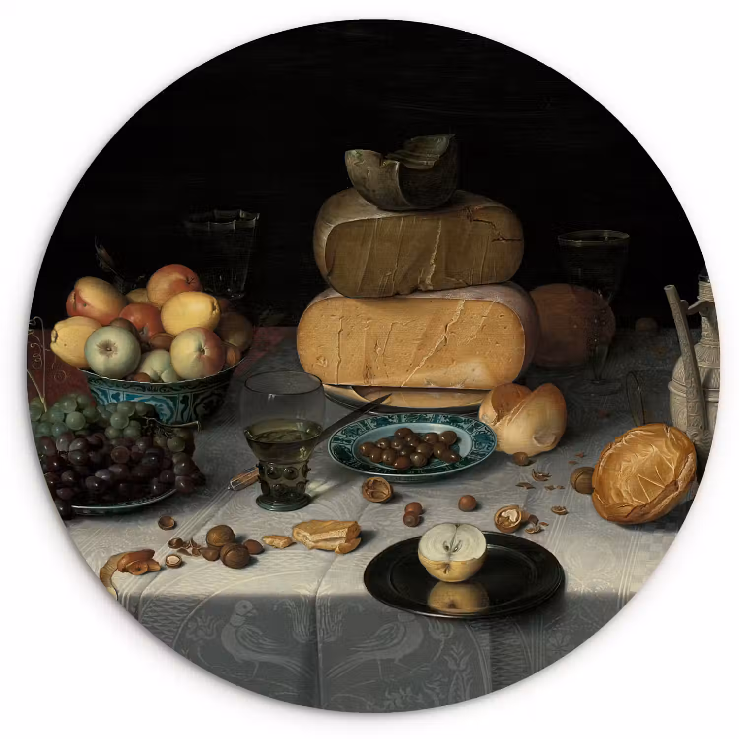 Stilleven met kazen - Schilderij van Floris Claesz. van Dijck Wandcirkel kunststof plaat 5mm dik klein -3d