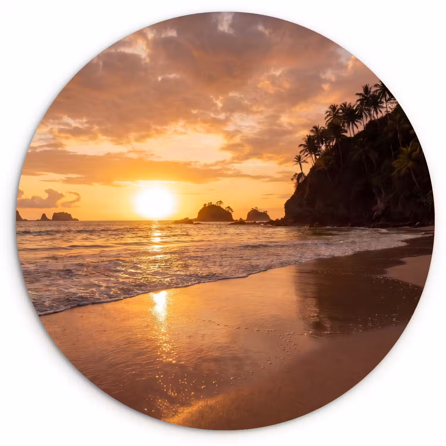 Strand - Zonsondergang - Natuur - Tropisch - Oranje Wandcirkel kunststof plaat 5mm dik klein -3d