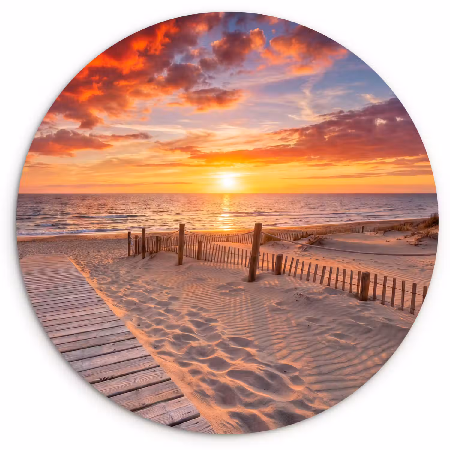 Strand - Zonsondergang - Zee - Natuur - Oranje Wandcirkel kunststof plaat 5mm dik klein -3d