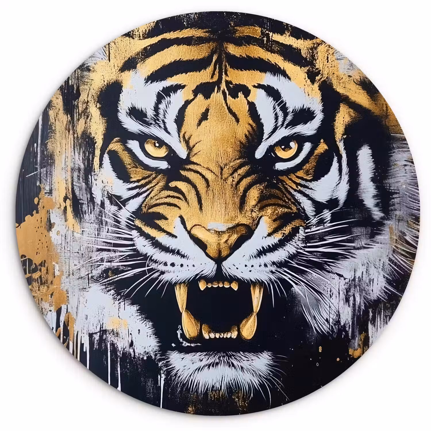 Tijger - Verfspatten - Goud Wandcirkel kunststof plaat 5mm dik klein -3d