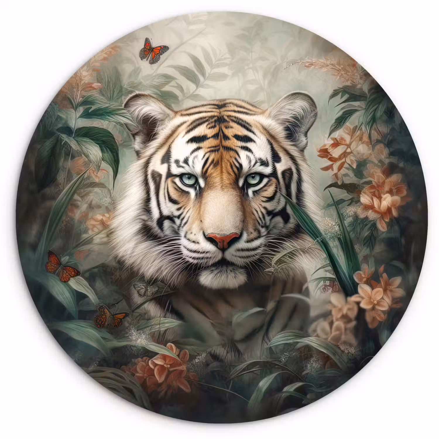 Tijger - Vlinders - Dieren - Jungle - Bloemen Wandcirkel kunststof plaat 5mm dik klein -3d