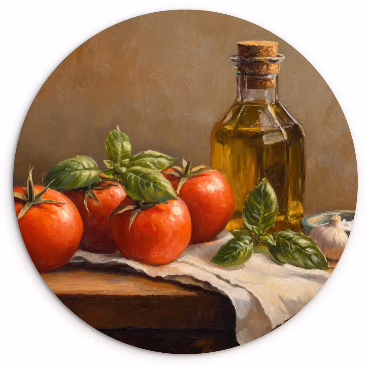 Tomaten - Olijfolie - Stilleven Wandcirkel kunststof plaat 5mm dik klein -3d