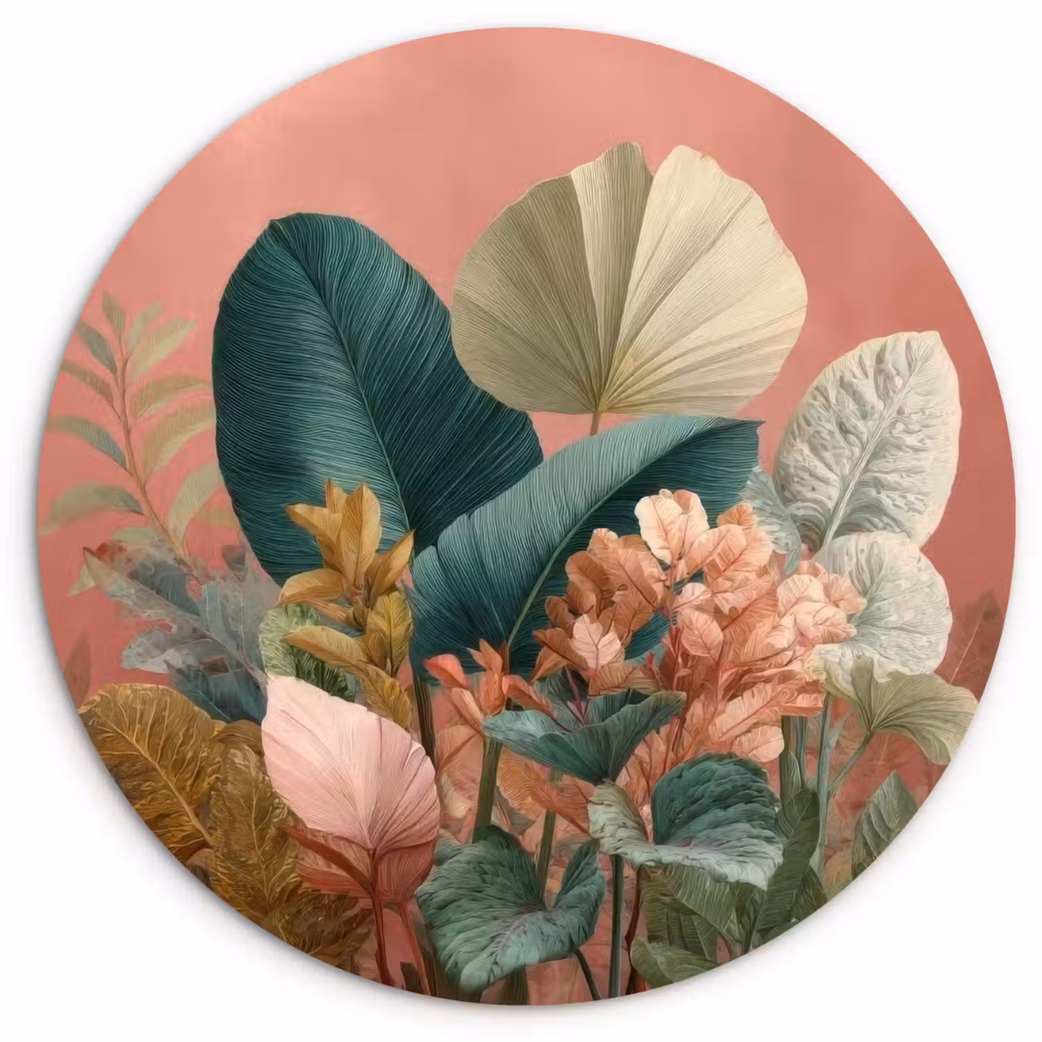 Tropische bladeren - Bloemen - Roze - groen Wandcirkel kunststof plaat 5mm dik klein -3d