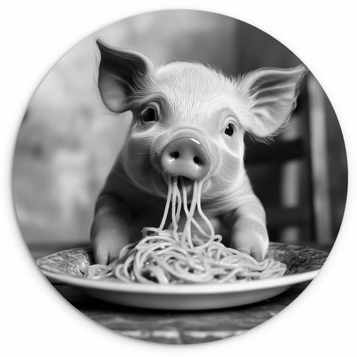 Varken - Schattig - Spaghetti - Zwart wit - Dier Wandcirkel kunststof plaat 5mm dik klein -3d