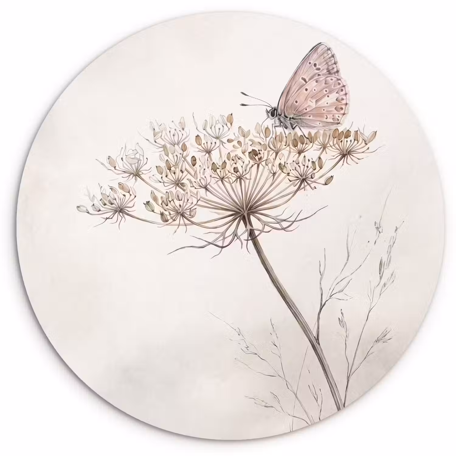 Vlinder - Bloem -Natuur - Beige Wandcirkel kunststof plaat 5mm dik klein -3d