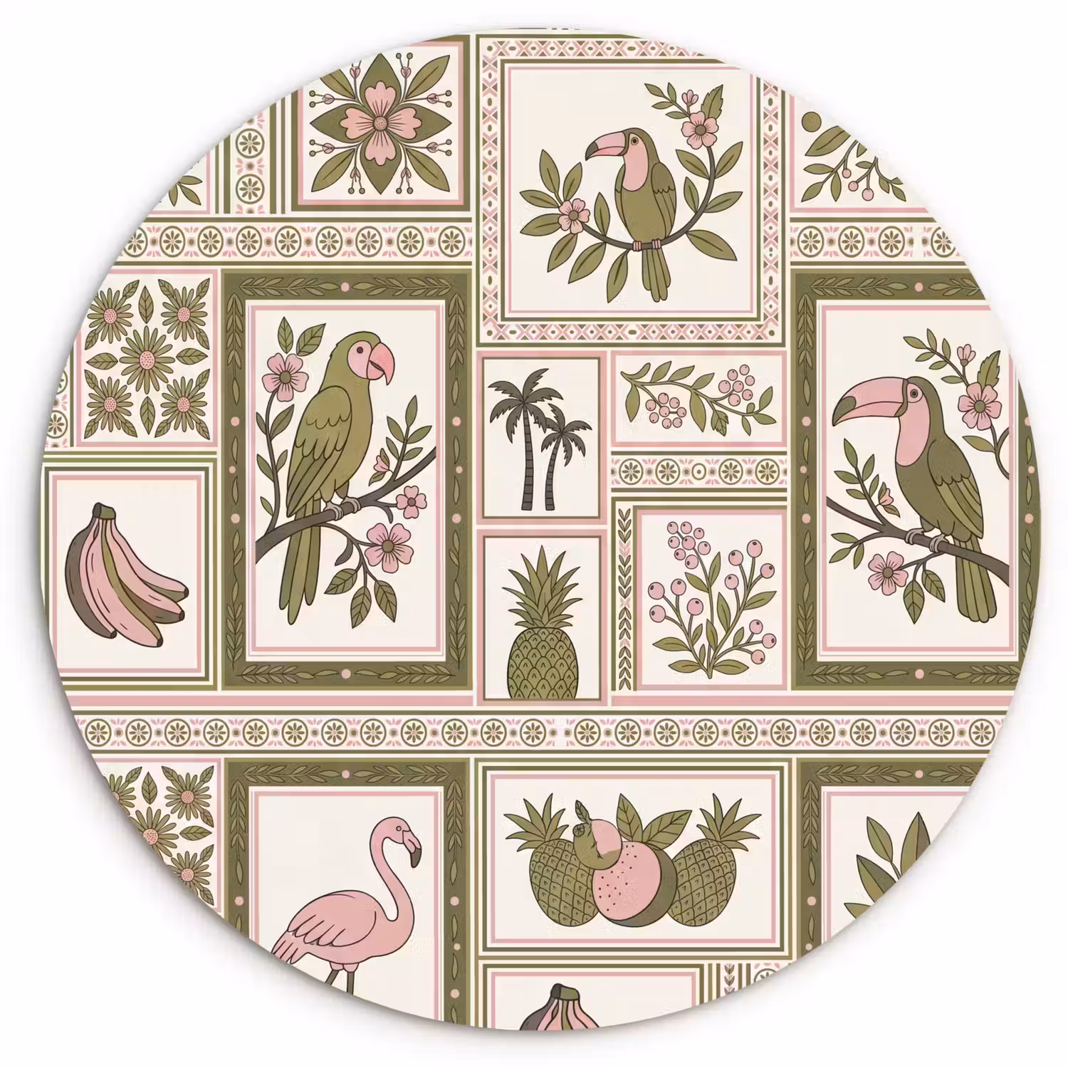Vogel - Tropisch - Patroon - Decoratief - Groen Wandcirkel kunststof plaat 5mm dik klein -3d