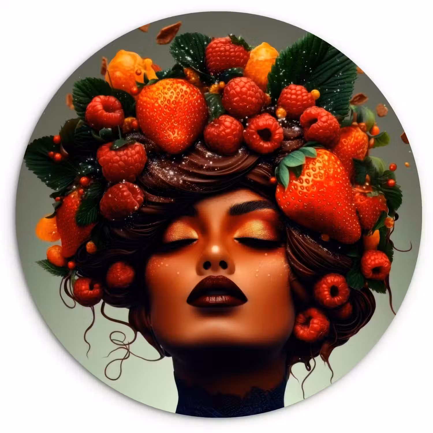 Vrouw - Chocolade - Frambozen - Aardbeien - Koekjes Wandcirkel kunststof plaat 5mm dik klein -3d