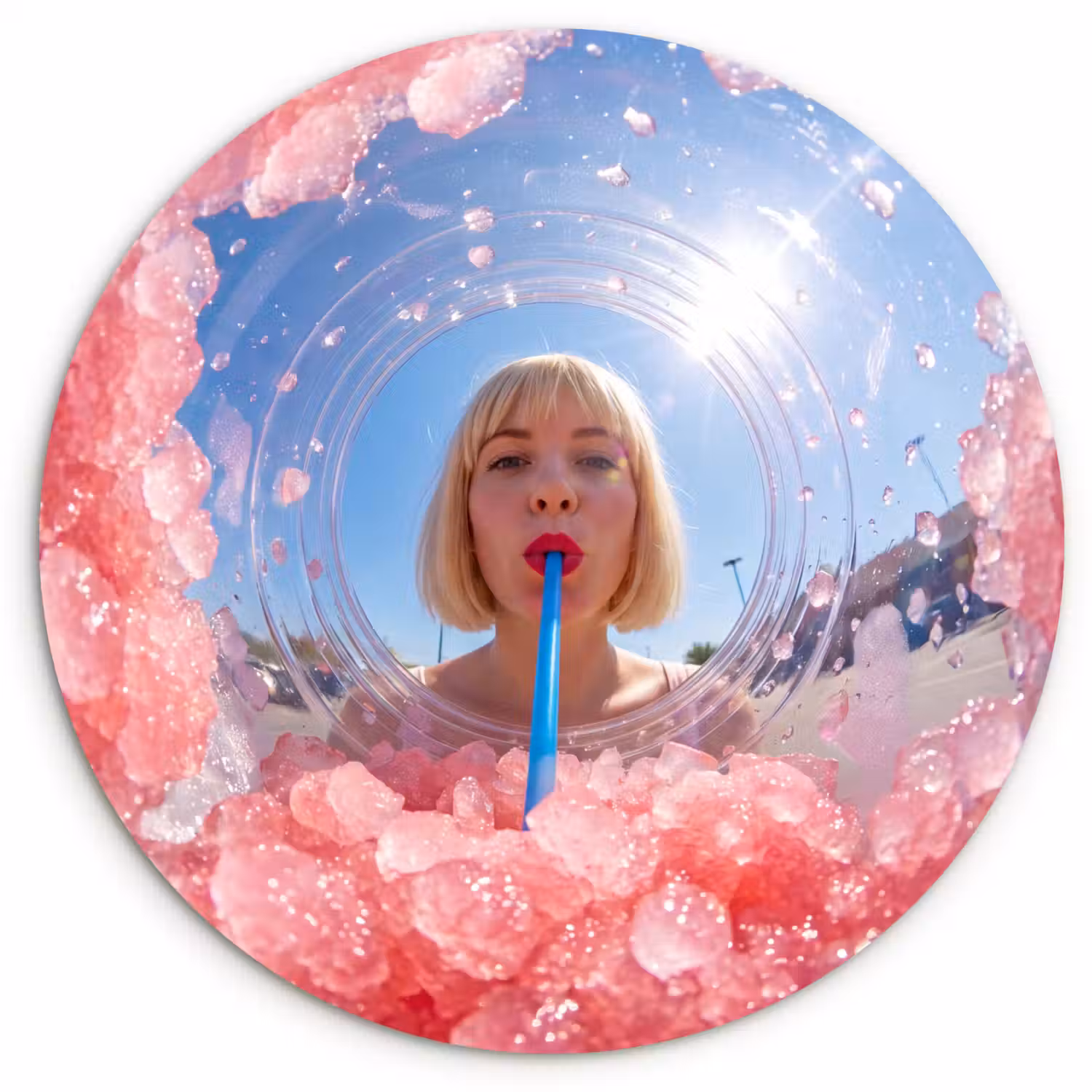 Vrouw - Drank - Zomer - Roze - Blauw Wandcirkel kunststof plaat 5mm dik klein -3d